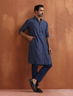 Thumbnail for trueBrowns Men's Blue Cotton Dobby Kurta