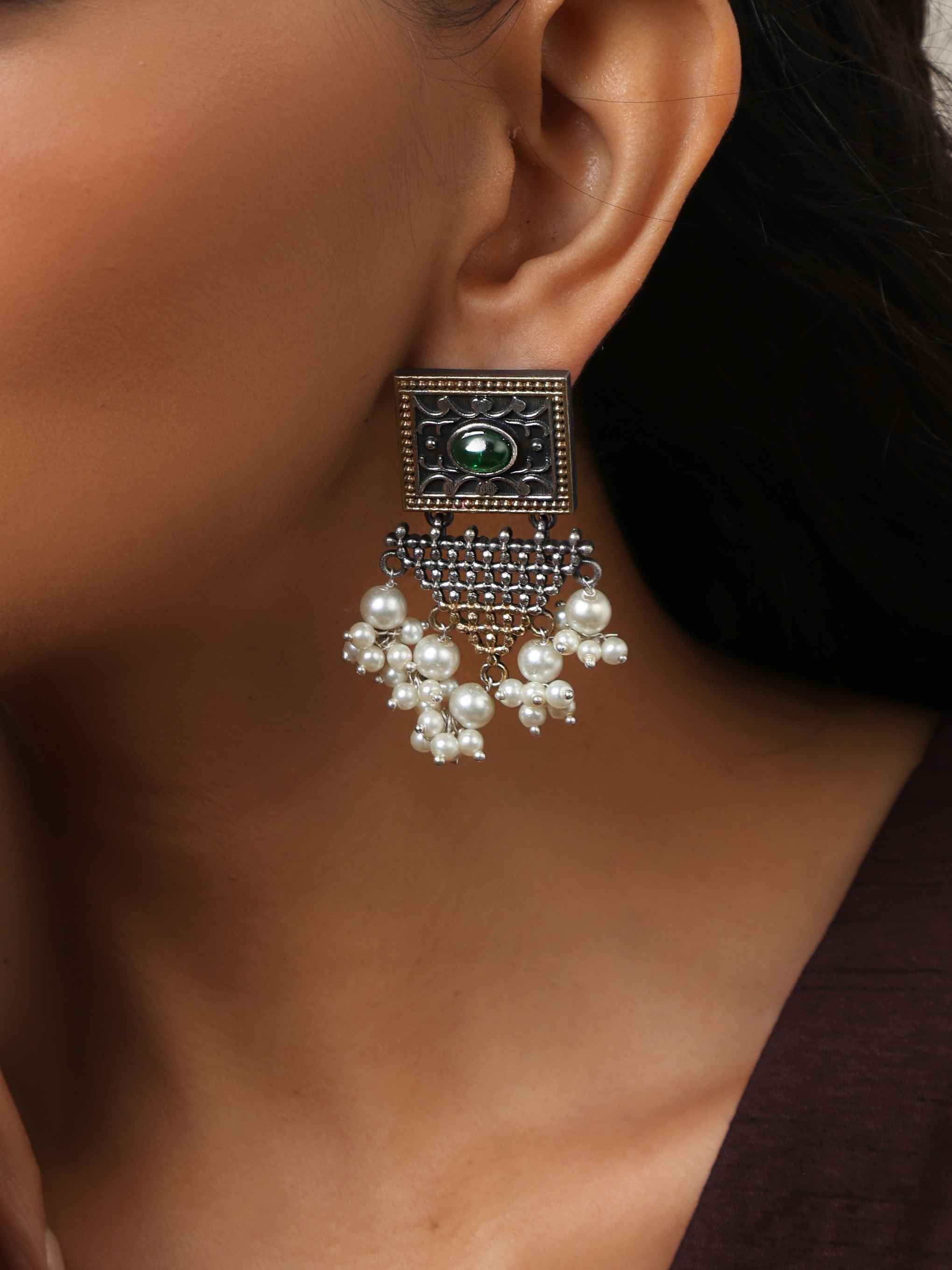 trueBrowns Silver Gold Tone Floral Silver Jaal Dangle Earrings - Distacart