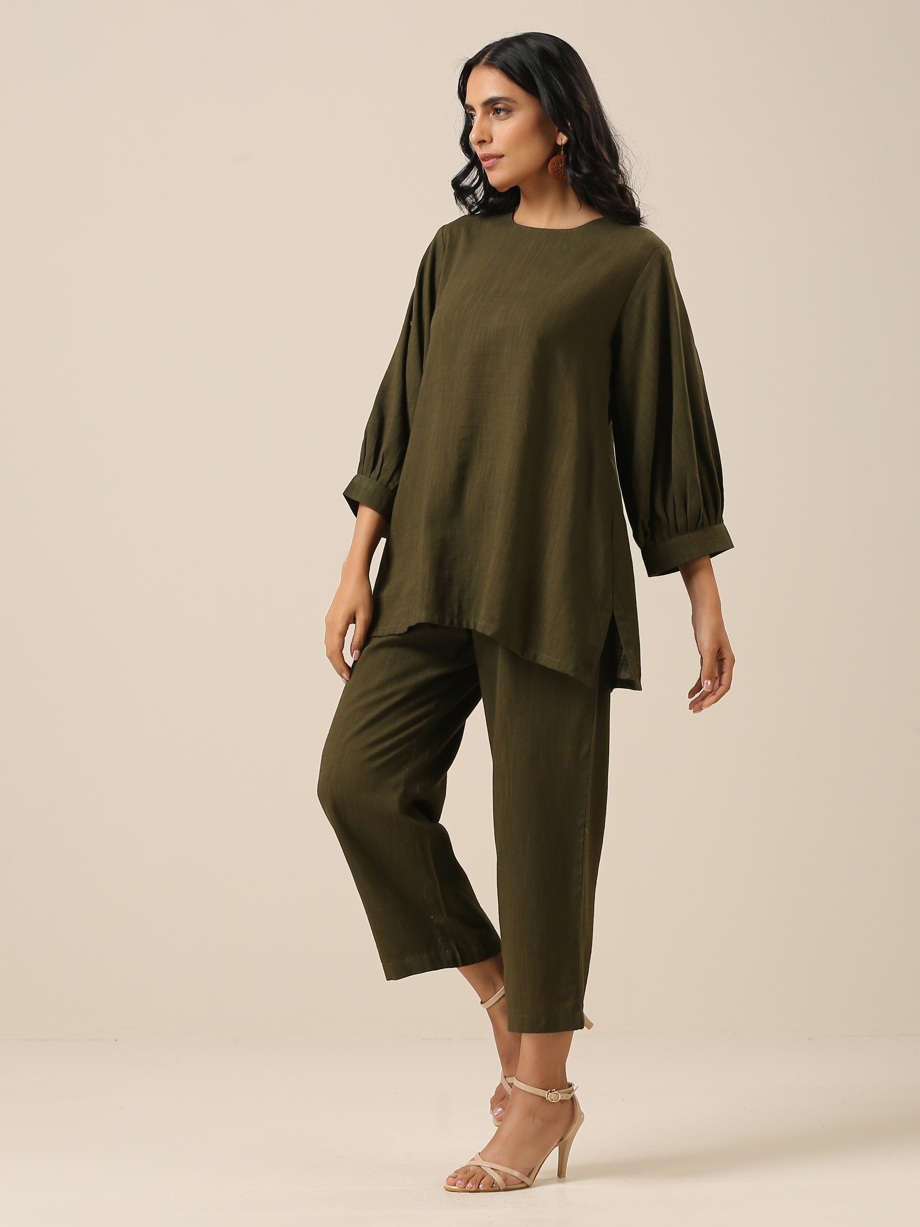 trueBrowns Olive Green Slub Texture Baggy Sleeve Co-Ord Set - Distacart