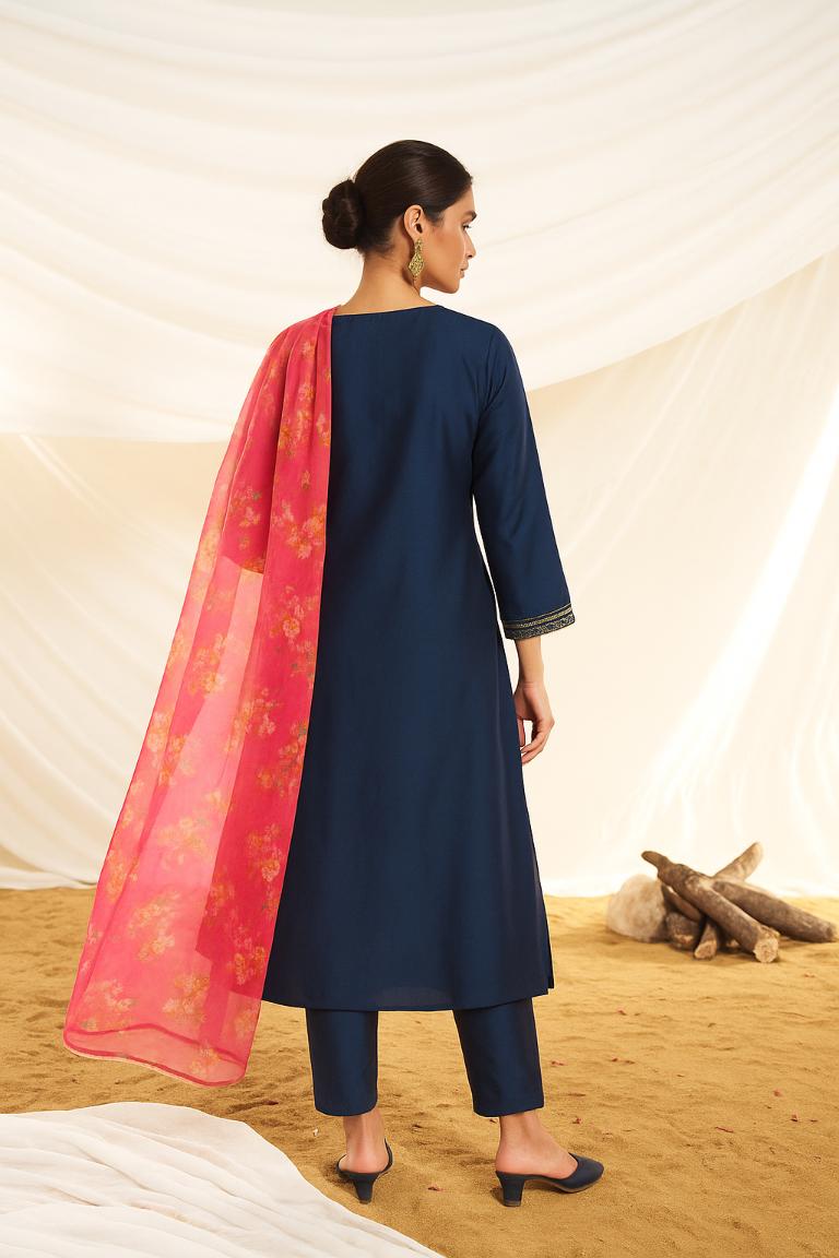 BulBul Women Navy Embellished Premium Silk Straight Suit With Dupatta