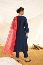 Thumbnail for BulBul Women Navy Embellished Premium Silk Straight Suit With Dupatta