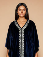 Thumbnail for trueBrowns Navy Blue Velvet Embroidered Kaftan Kurta Set
