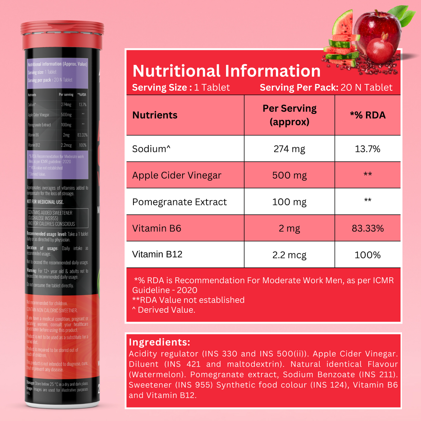BOOSTIQ Apple Cider Vinegar Effervescent Tablets - Watermelon Flavour - Distacart
