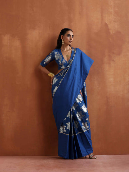trueBrowns Blue Metallic Ready To Wear Saree - Distacart