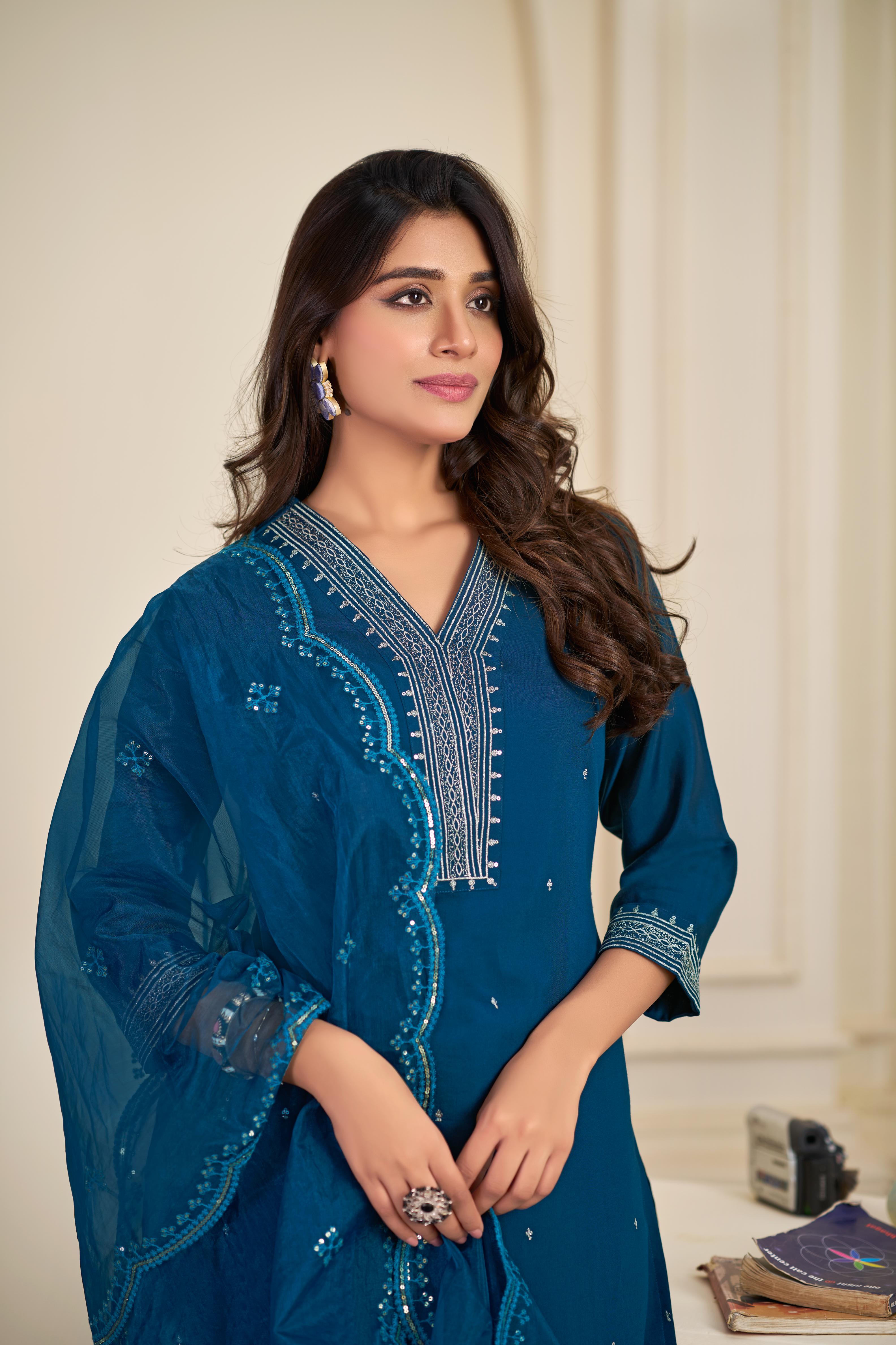 BulBul Ragini Solid Teal Roman Silk Salwar Suit