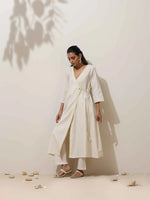 Thumbnail for trueBrowns Off White Cotton Linen Angrakha Kurta Pant Set