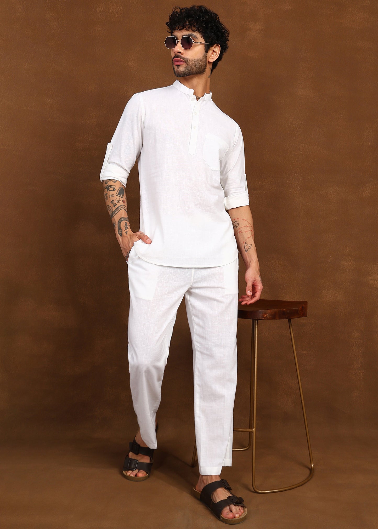 Fabmade Ivory Ease Linen Short Kurta Co-Ord Set - Distacart