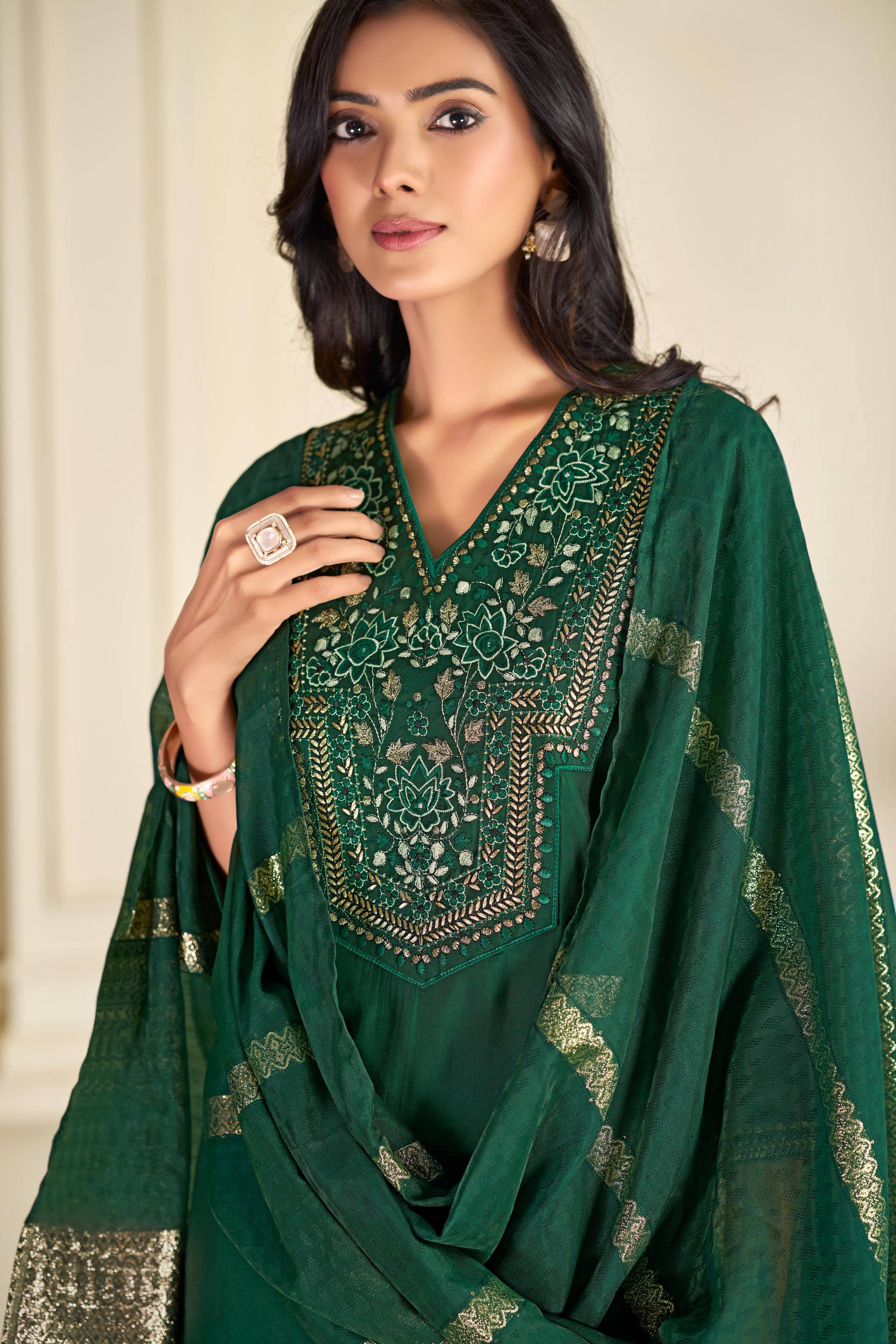 BulBul Ruhani Solid Green & Golden Embroidered Roman Silk Salwar Suit