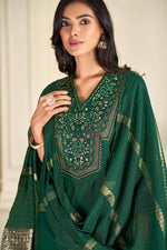 Thumbnail for BulBul Ruhani Solid Green & Golden Embroidered Roman Silk Salwar Suit