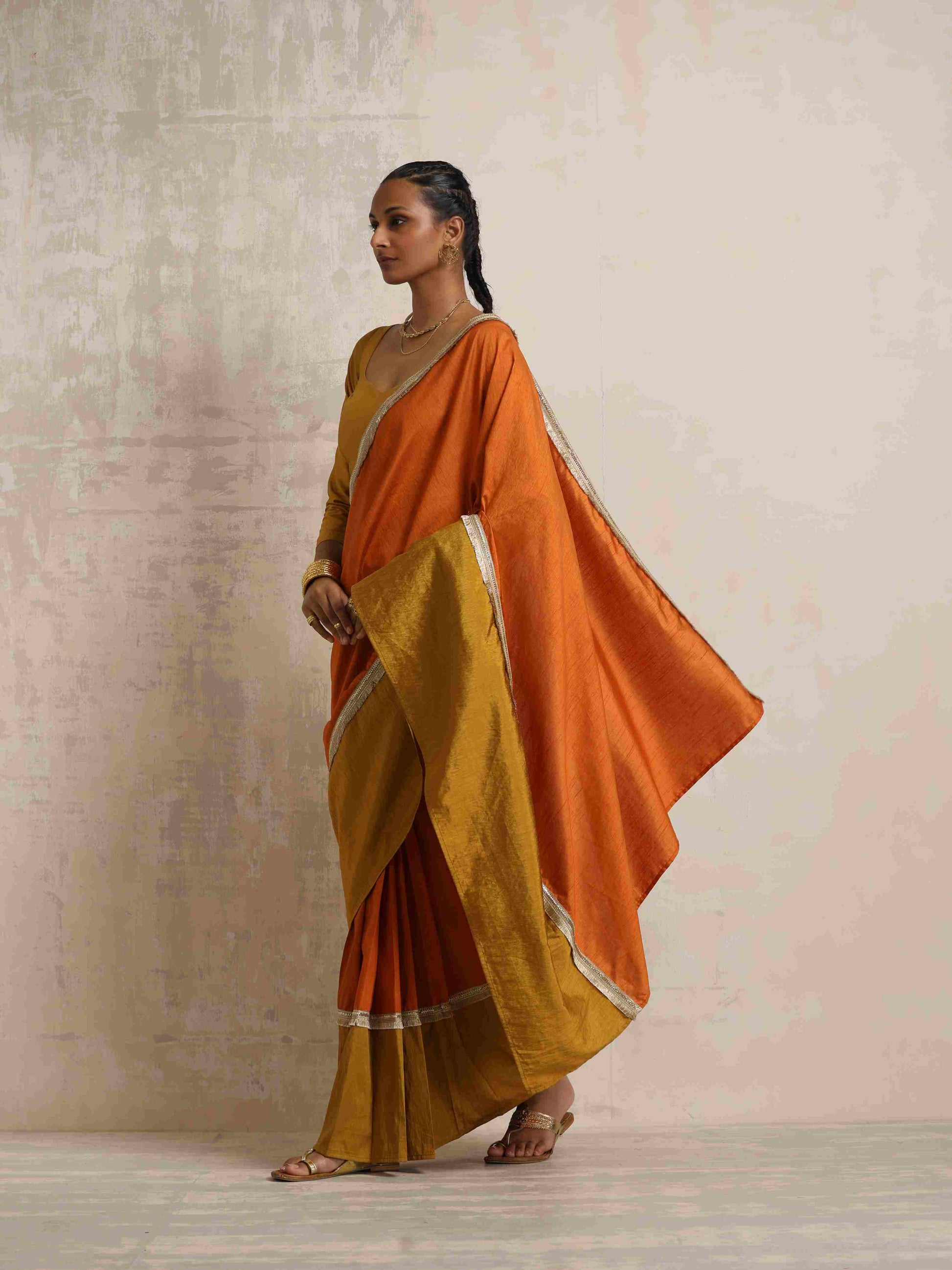 trueBrowns Orange Silk Ready To Wear Saree - Distacart
