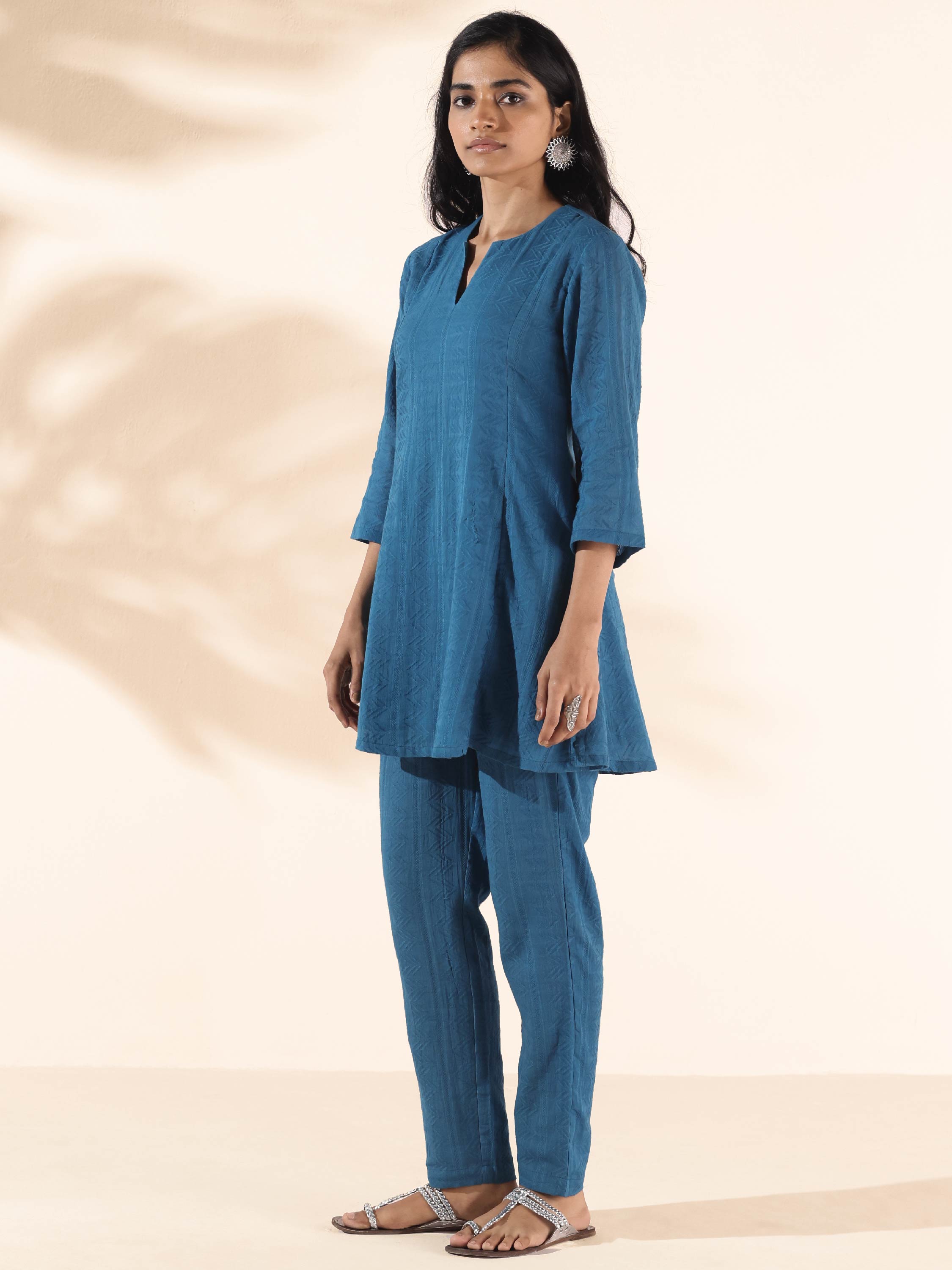 trueBrowns Blue Cotton Dobby Co-ord Set - Distacart
