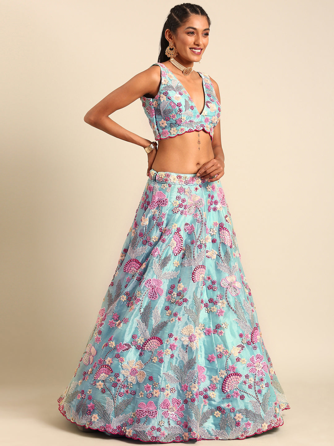 House of Panchhi Turquoise Blue Organza Sequins And Zarkan Embroidery Lehenga Choli & Dupatta - Distacart