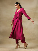 Thumbnail for trueBrowns Purple Textured Silk Angrakha Kurta Pant Set - Distacart