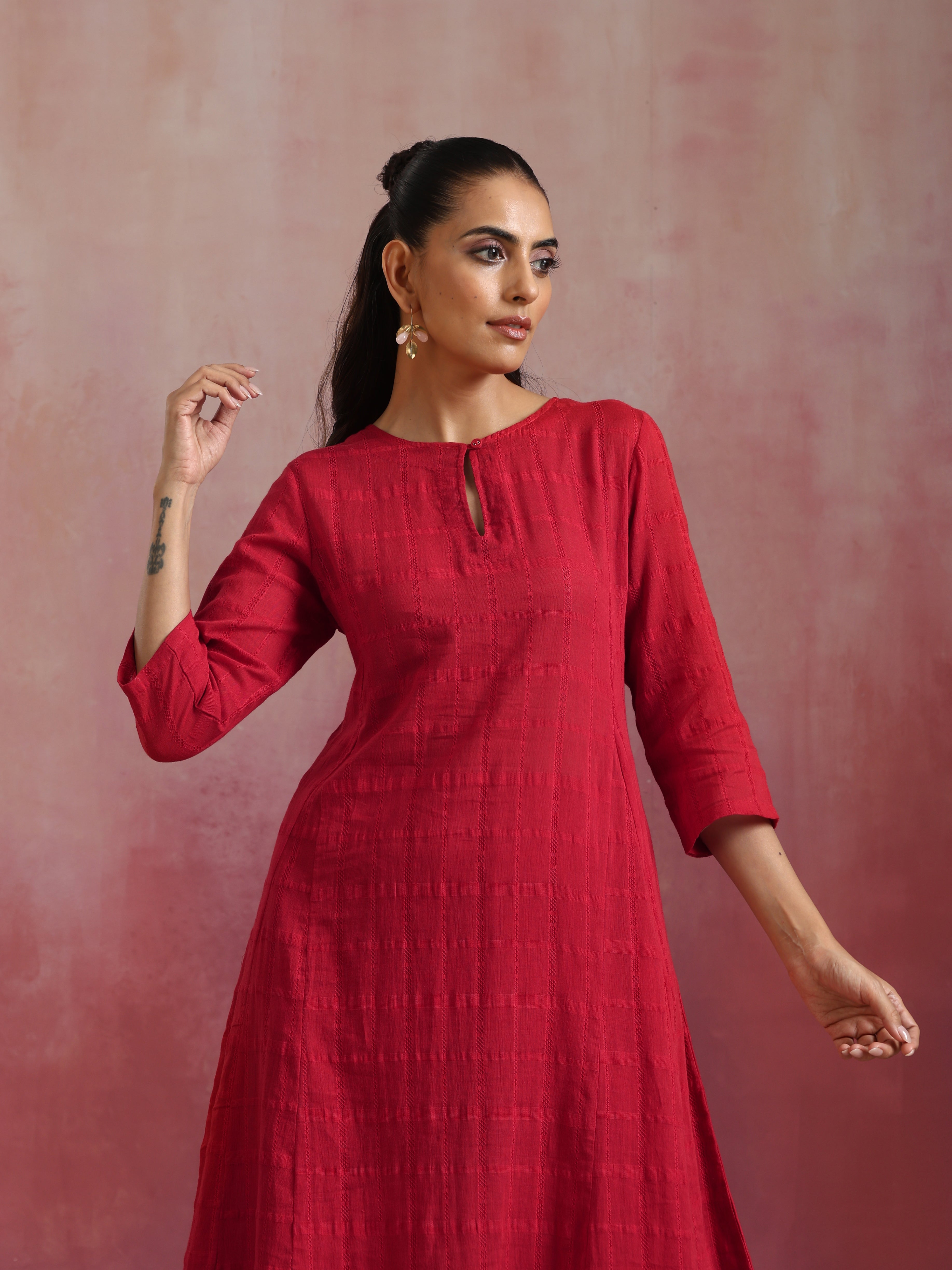 trueBrowns Red Cotton Dobby Flared Kurta Set - Distacart
