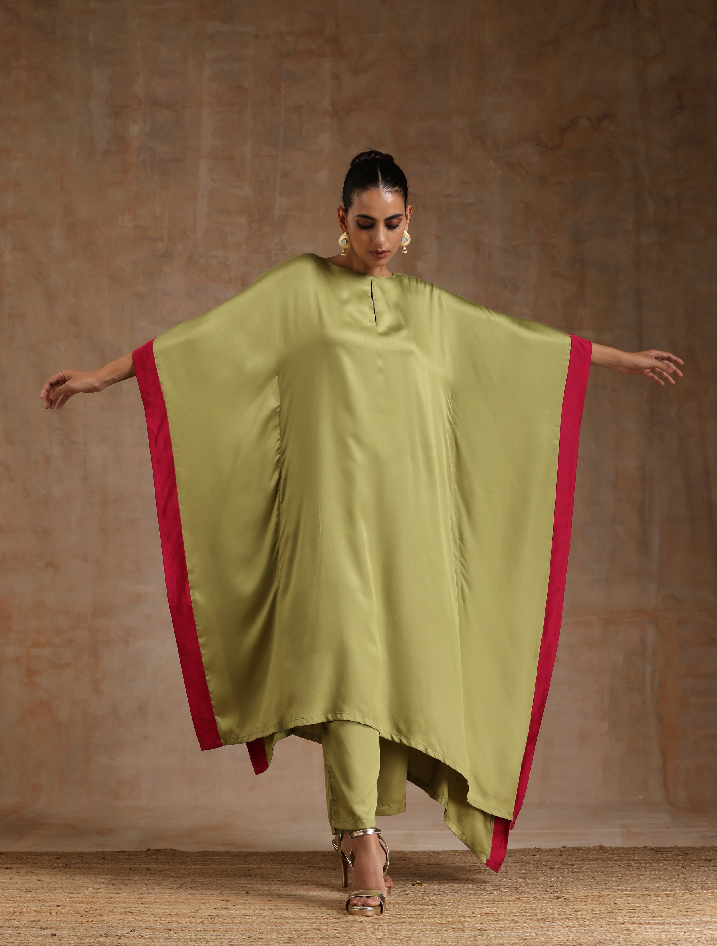 trueBrowns Light Green Modal Satin High-Low Kaftan Kurta Set - Distacart