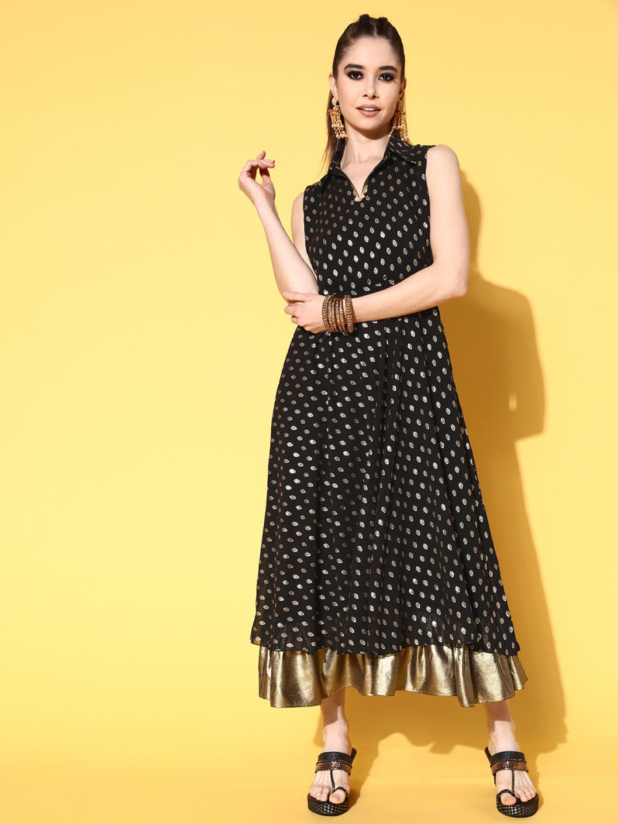 Ahalyaa Black Georgette Ethnic Motifs Printed Shirt-Collar Midi Fit & Flare Ethnic Dress - Distacart