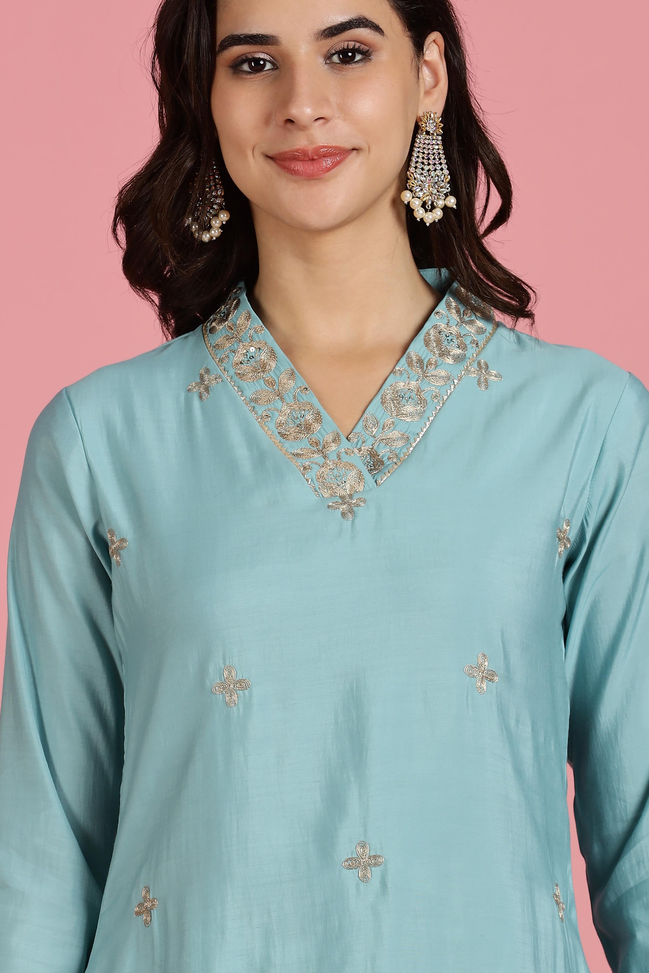 BulBul Women Sky Blue Dori Embroidered Roman Silk Kurta Set