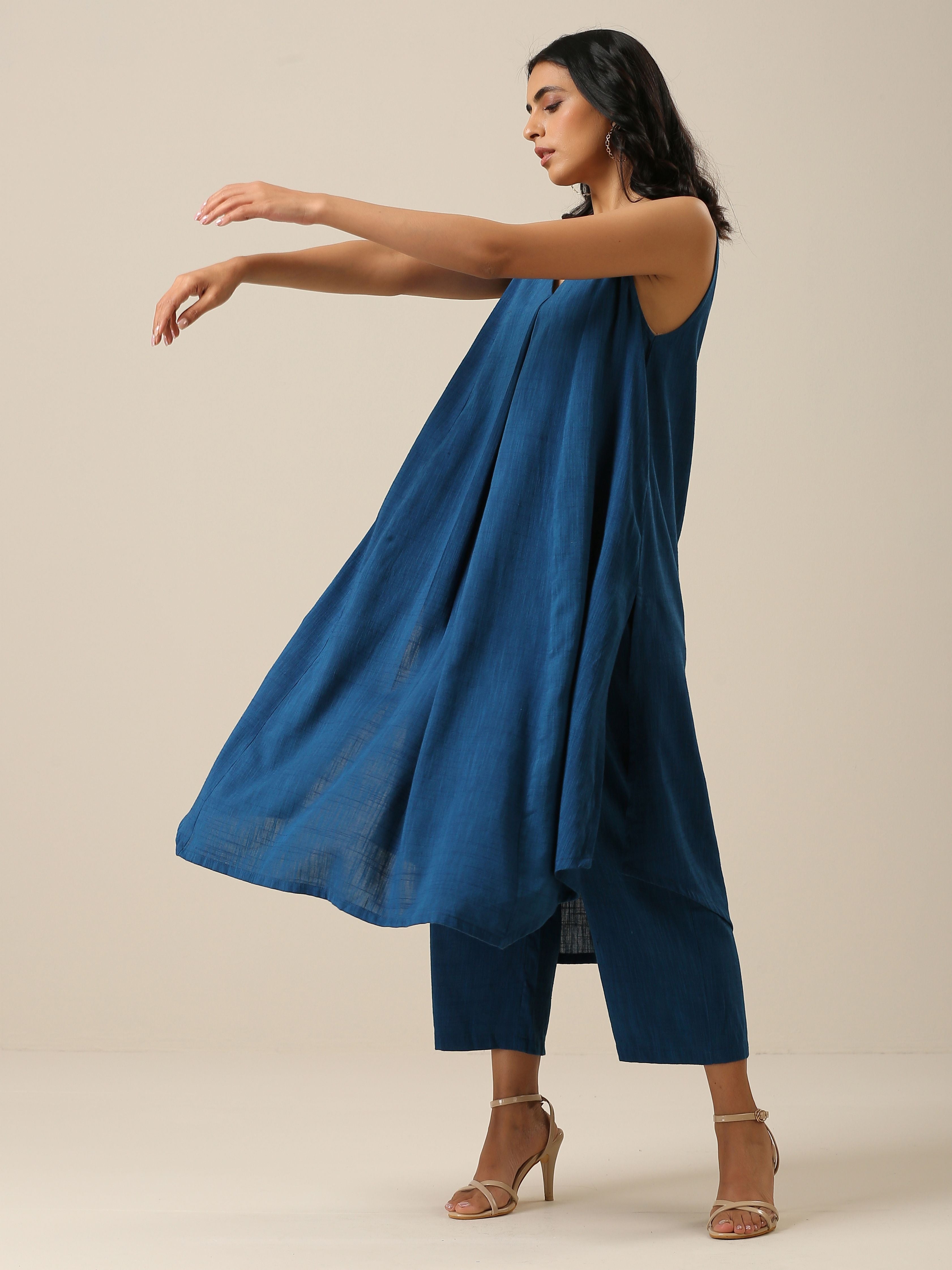 trueBrowns Classic Blue Slub Texture Sleeveless Flared Kurta Pant Set - Distacart
