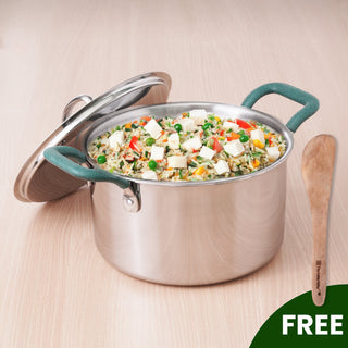 The Indus Valley TurboCuk Tri-ply Stainless Steel Biryani Cooking Pot/Casserole, Premium Quality, 3 Layer Thick Body, Cool Silicone Handles, 100% Toxin-free, Non-stick, Induction & Gas, Spatula, 2.9L