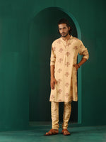 Thumbnail for trueBrowns Men's Beige Floral Bunch Muslin Silk Printed Long Kurta - Distacart