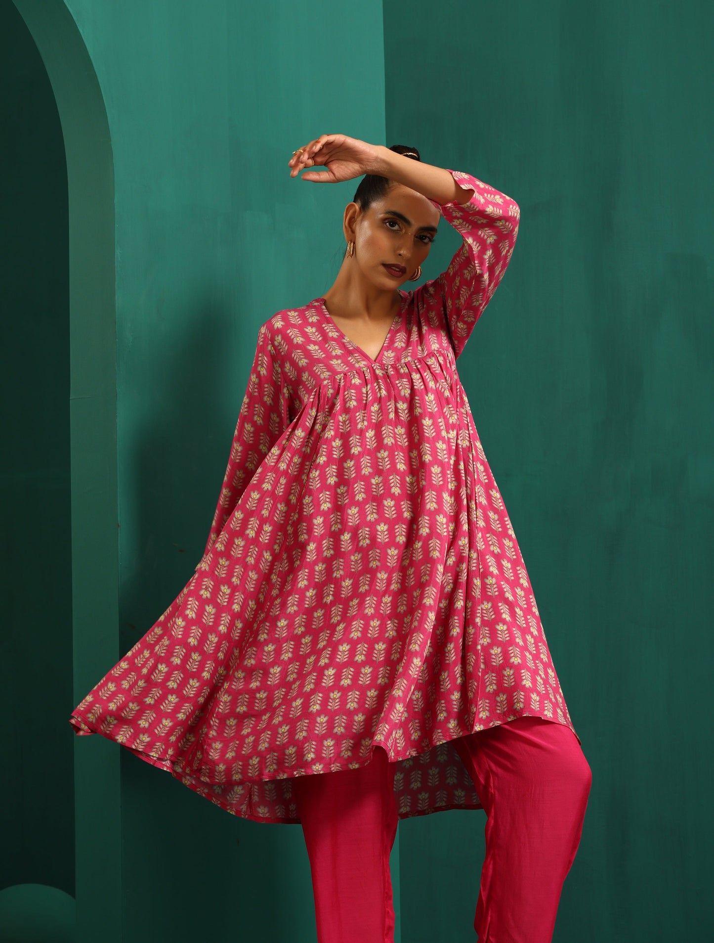 trueBrowns Pink Leaf Muslin Silk Printed Yoke Gathered Co-ord Set - Distacart