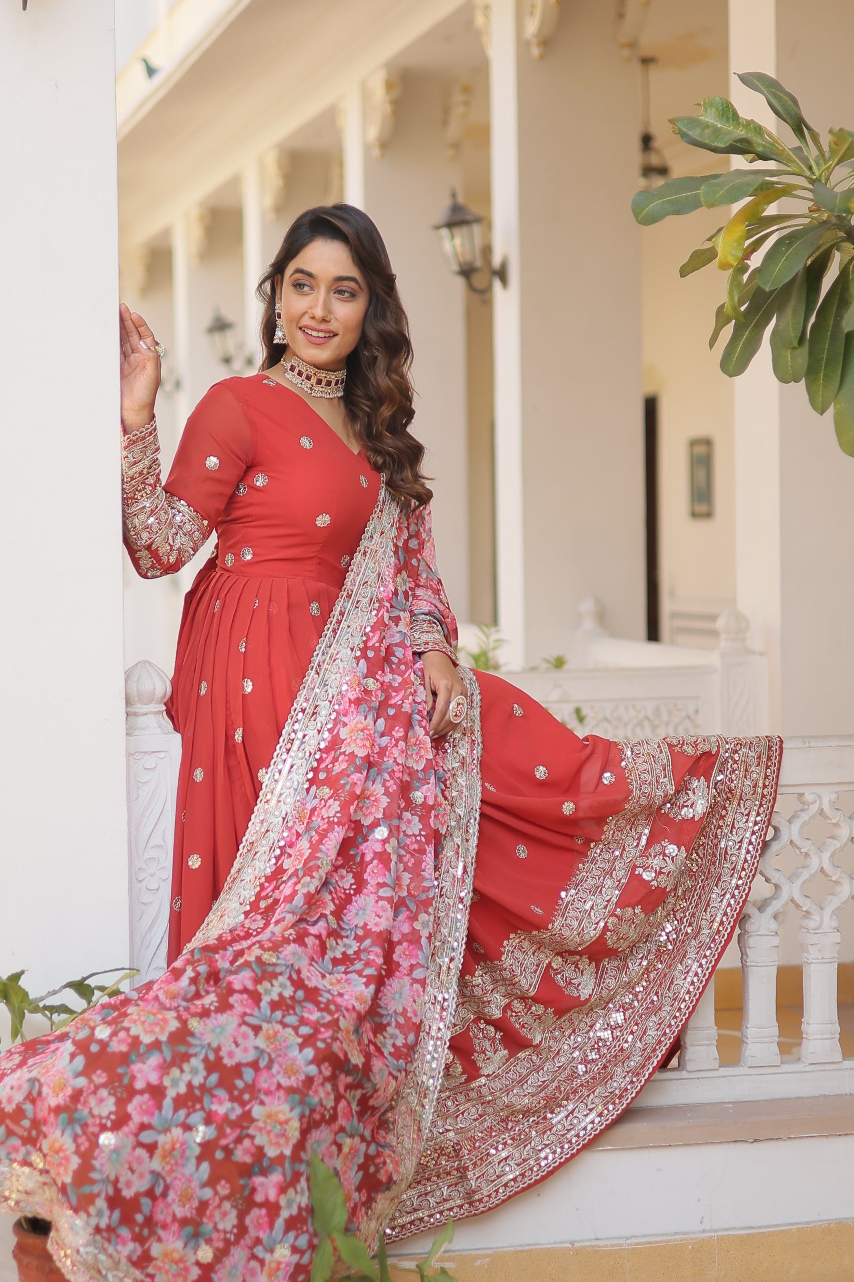 Anaita Red Georgette Readymade Anarkali Suit with Zari & Sequence Work - Dista