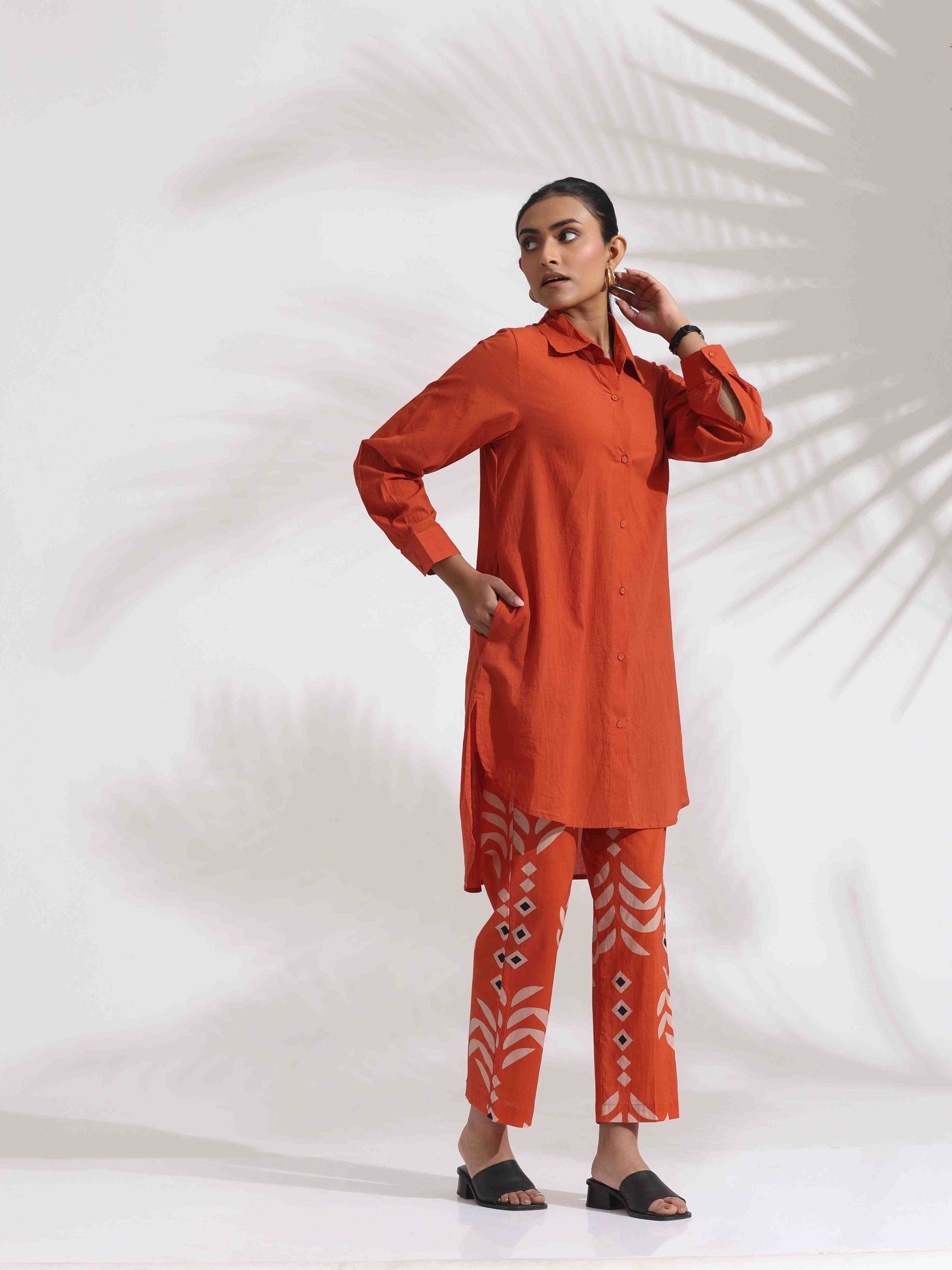 trueBrowns Orange Cotton Solid Shirt Kurta Co-ord Set - Distacart