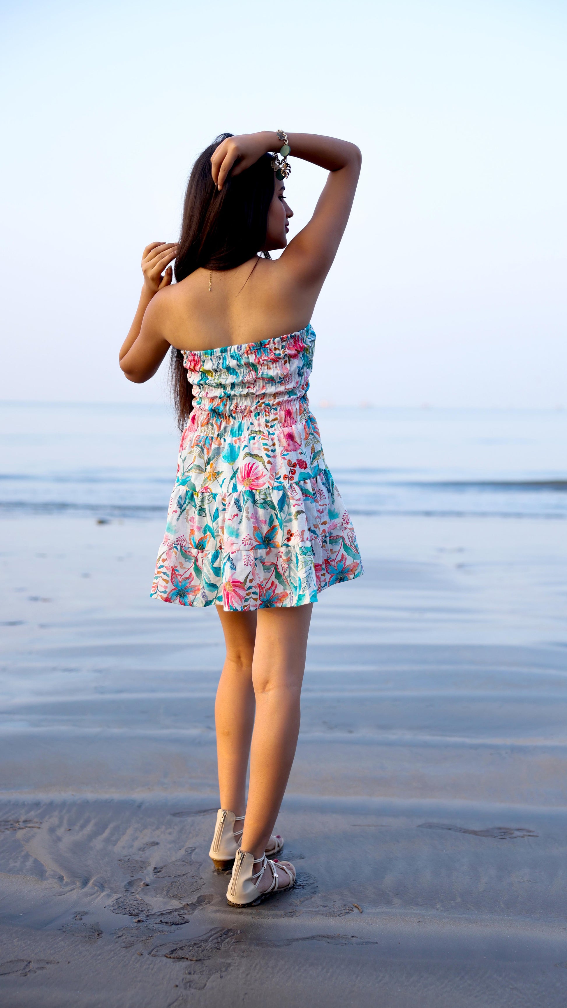 Noroke Linen Blue Floral Mini Tiered Dress - Printed - Distacart