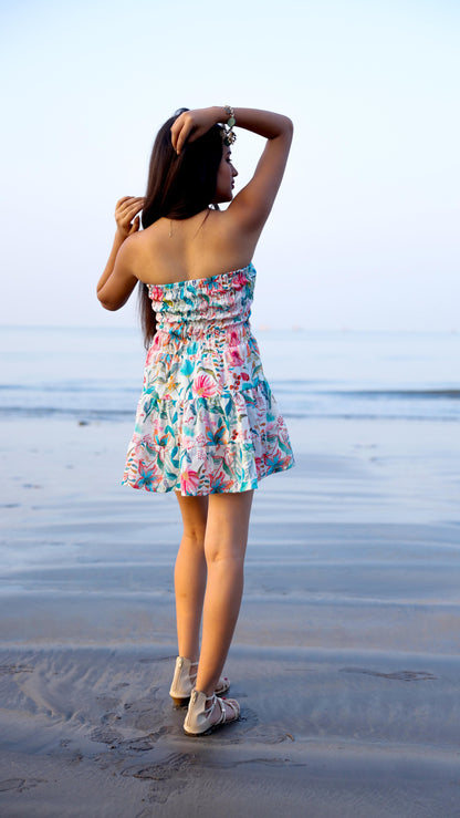 Noroke Linen Blue Floral Mini Tiered Dress - Printed - Distacart