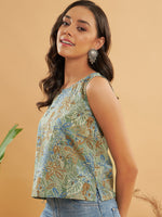 Thumbnail for InWeave Dull Green Leaf Floral Print W/U Top