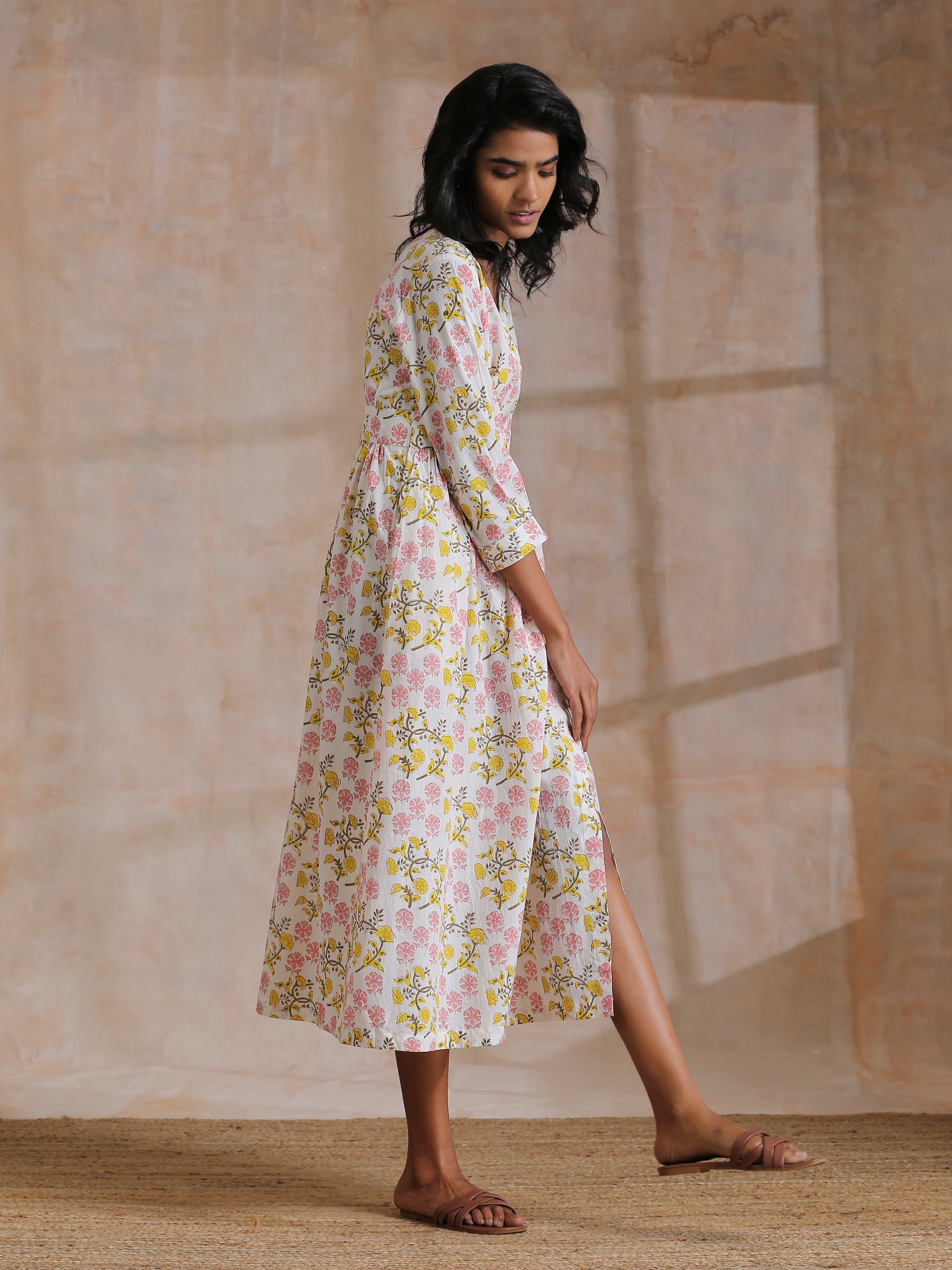 trueBrowns Pink Yellow Floral On White Block Print Cotton Wrap Dress | Relove