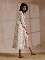 Thumbnail for trueBrowns Pink Yellow Floral On White Block Print Cotton Wrap Dress | Relove