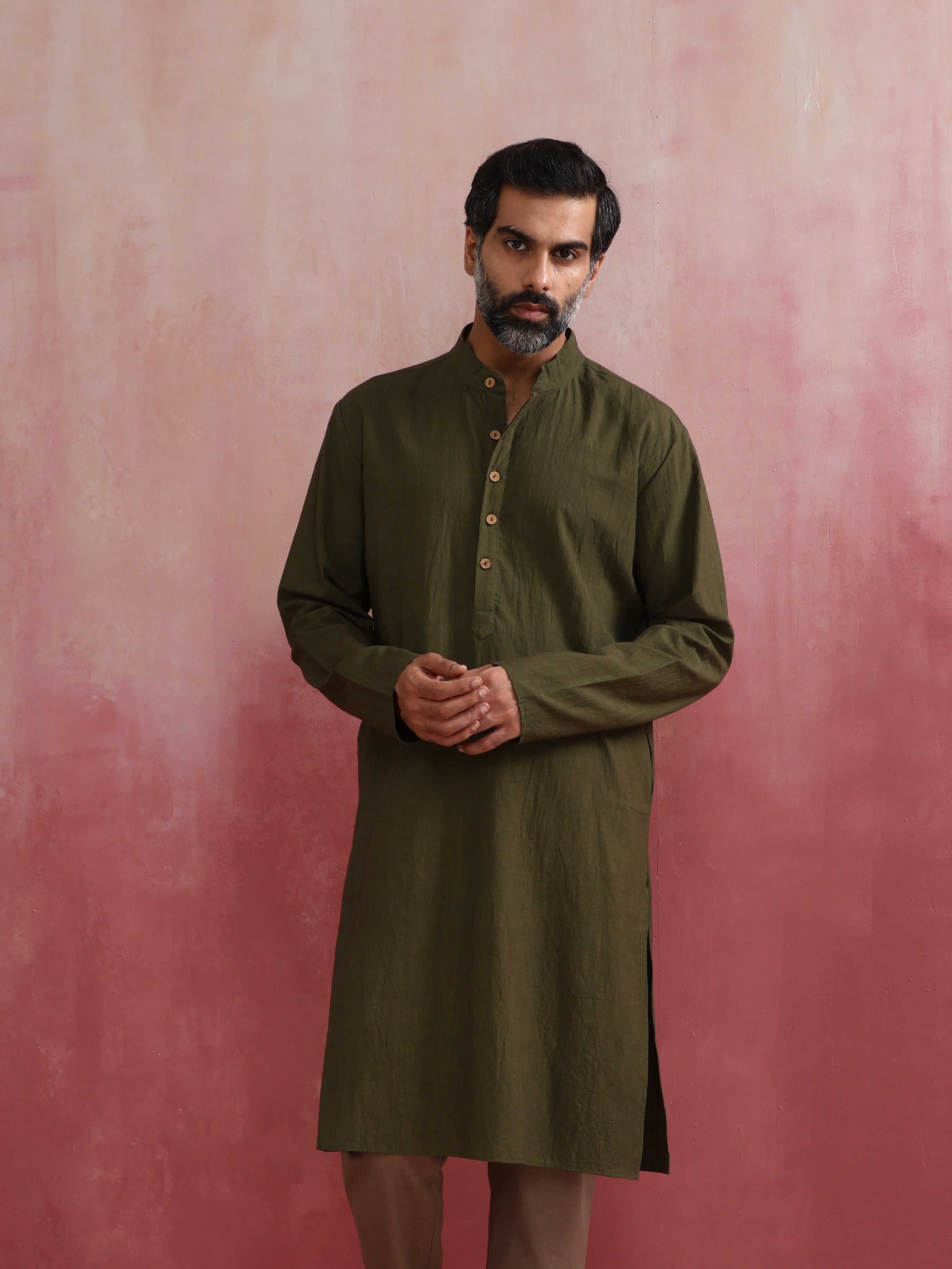 trueBrowns Men's Olive green Mandarin Collar Kurta - Distacart