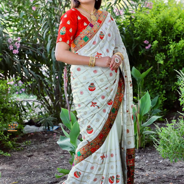 Lorenvalley Fashion Premium White Dola Silk Embroidery and Diamond work with Jacquard Lace Border Saree - Distacart