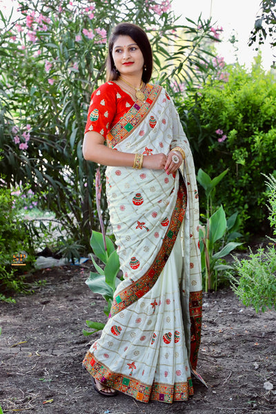 Lorenvalley Fashion Premium White Dola Silk Embroidery and Diamond work with Jacquard Lace Border Saree - Distacart