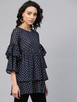 Thumbnail for Ahalyaa Women Navy Blue & Golden Polka Dots Print Tiered Beautiful Tunic