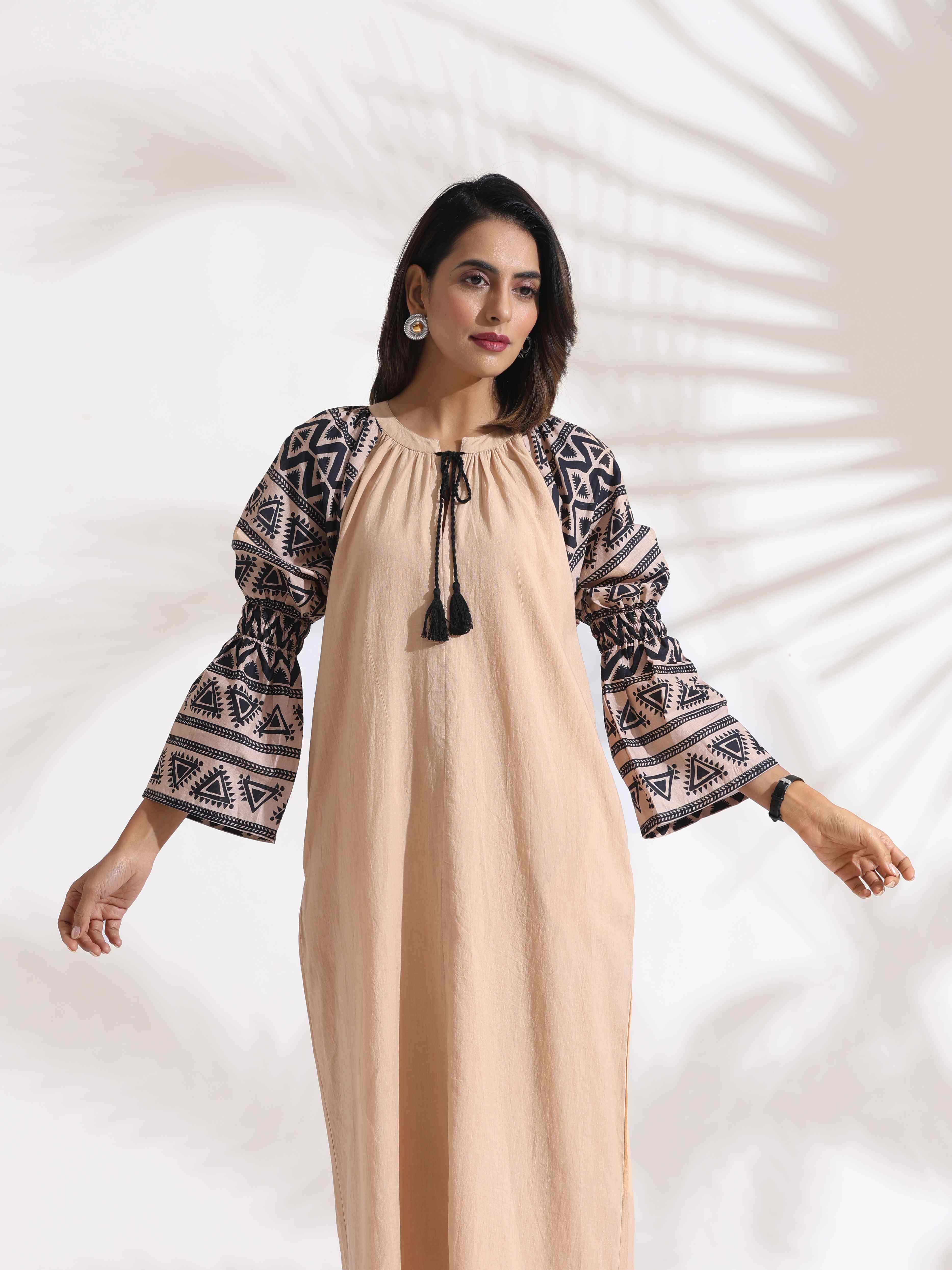 trueBrowns Beige Cotton Print Long Dress