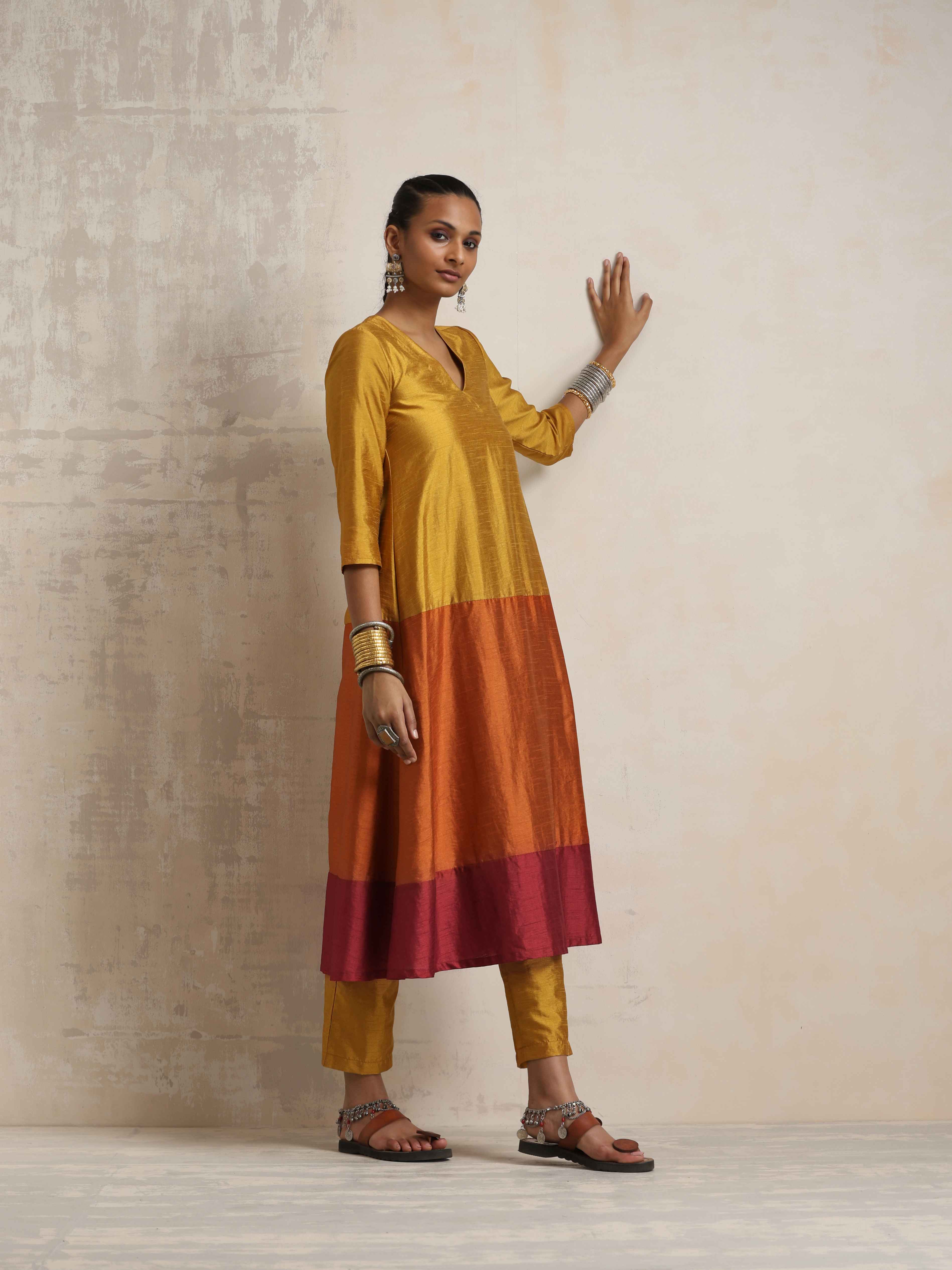 trueBrowns Gold Orange Silk A-line Kurta Set - Distacart