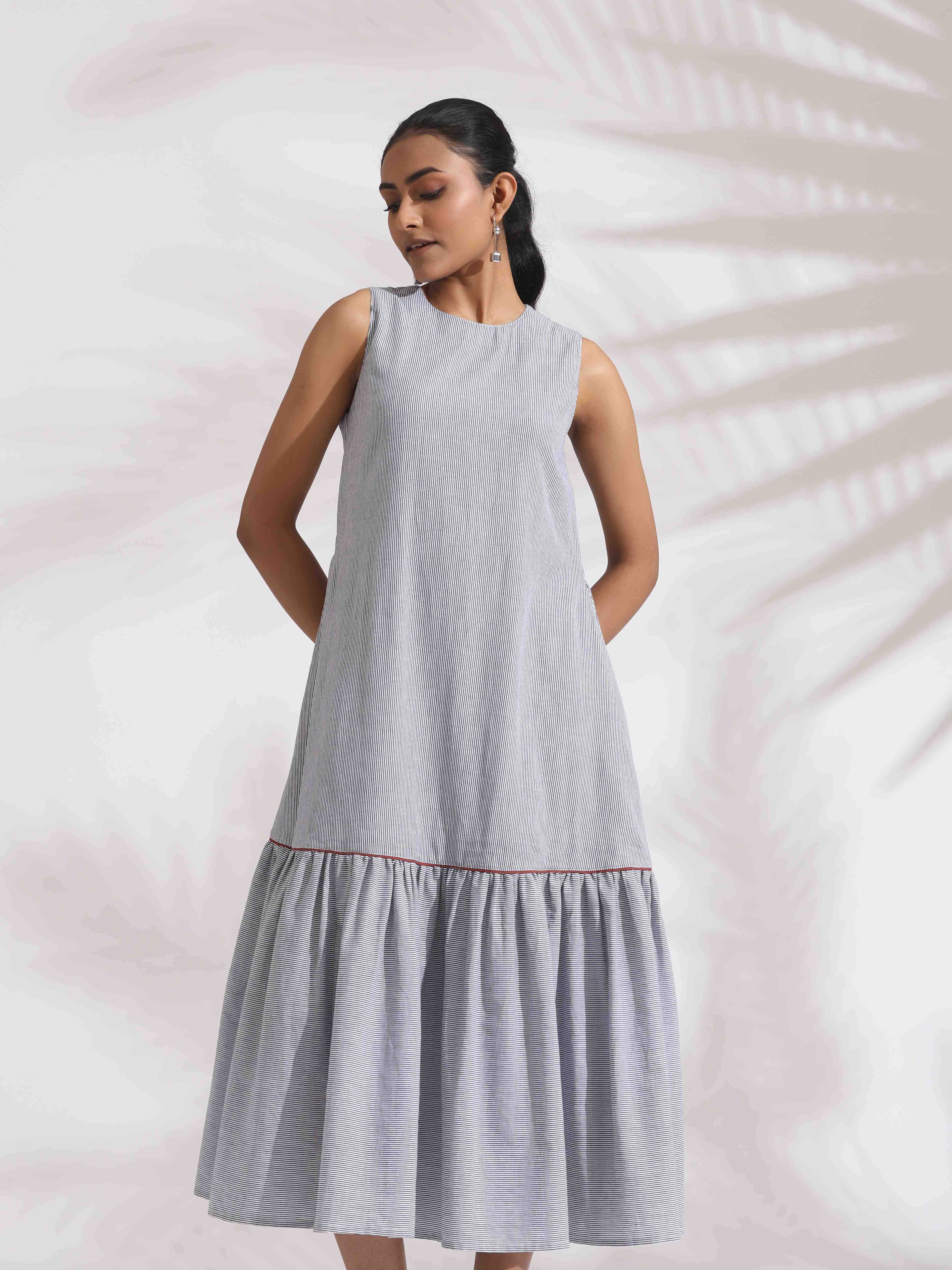 trueBrowns trueBrown Grey Cotton Stripe Tier Dress