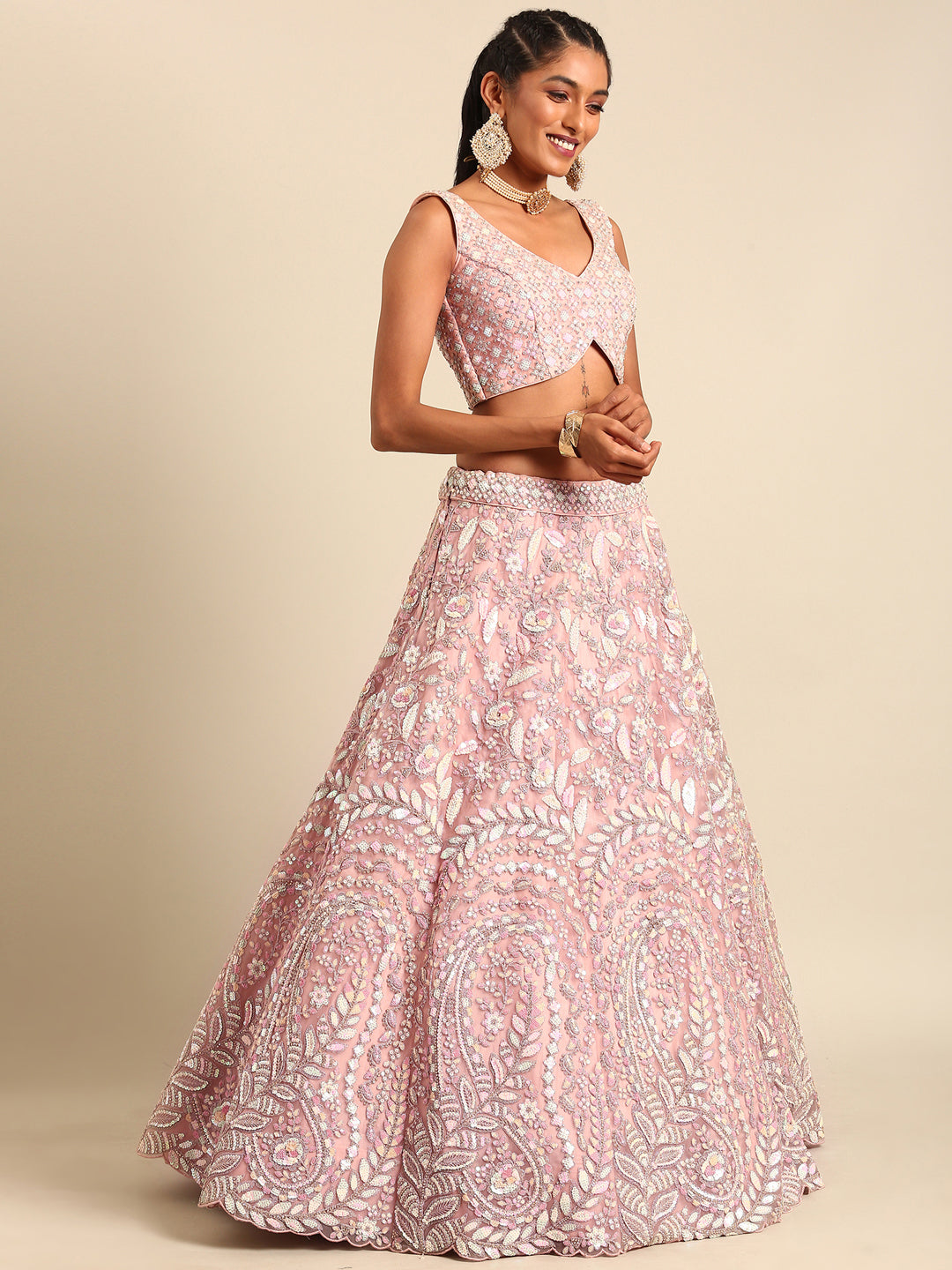 House of Panchhi Pink Net Multi Sequins with heavy Zarkan embroidery Lehenga choli & Dupatta - Distacart