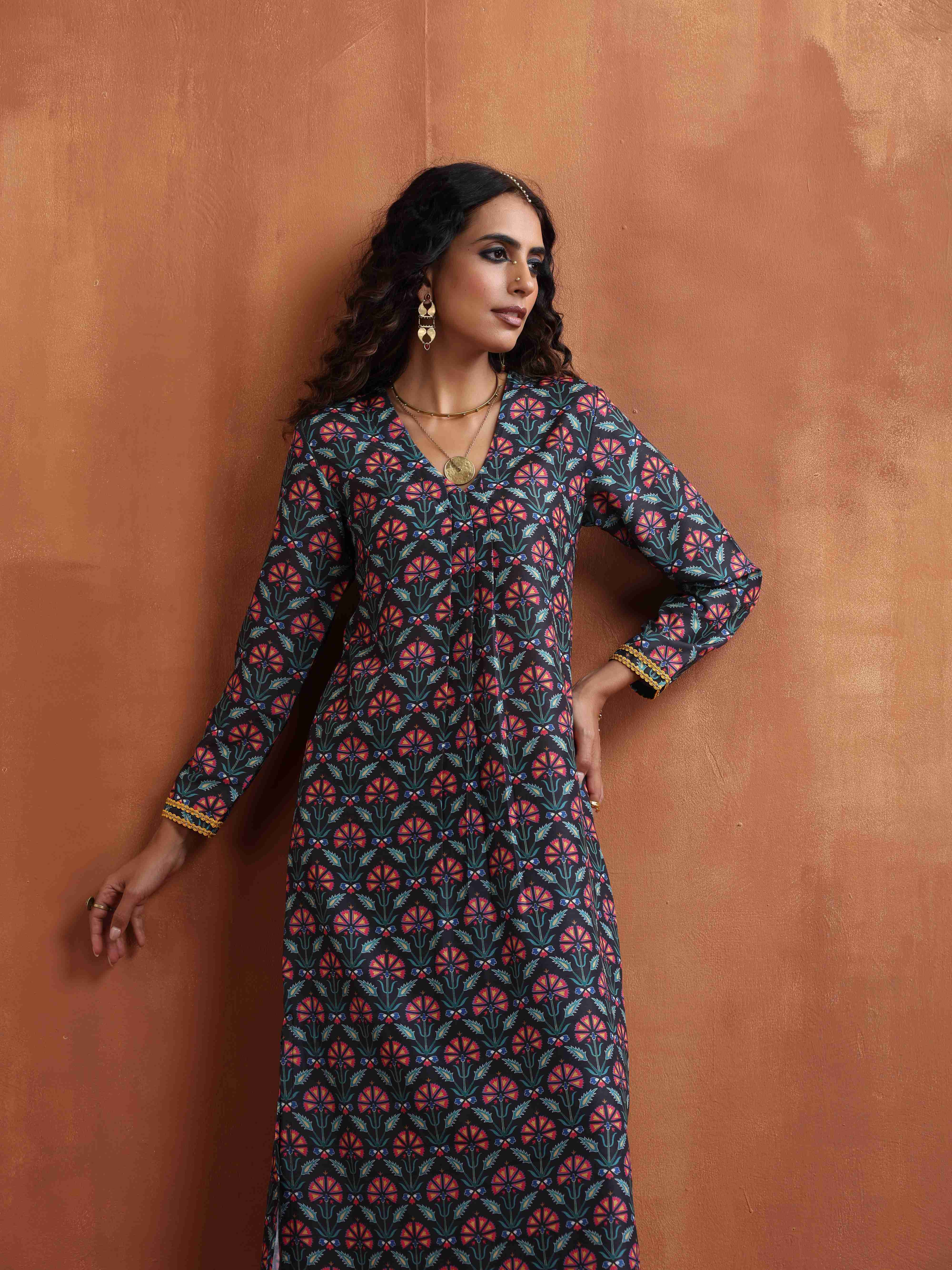 trueBrowns Black Floral Print A-line Kurta Set - Distacart