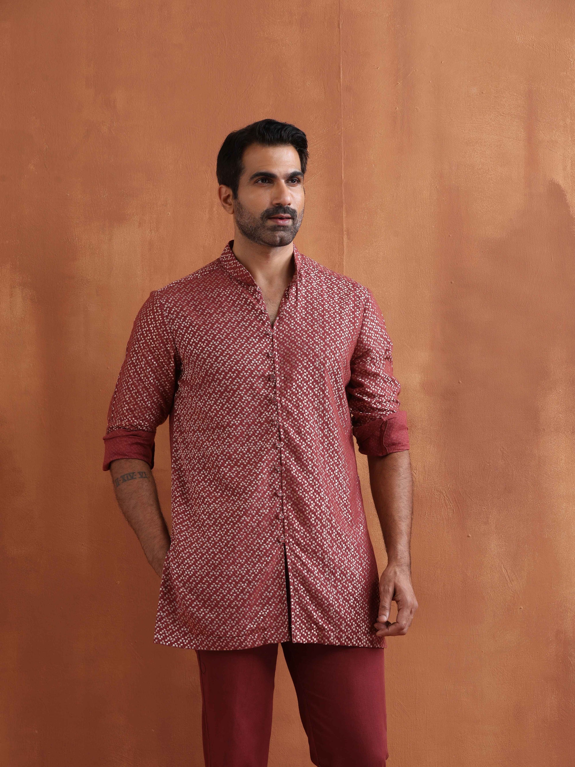trueBrowns Men's Rust Cotton Dobby Short Kurta - Distacart