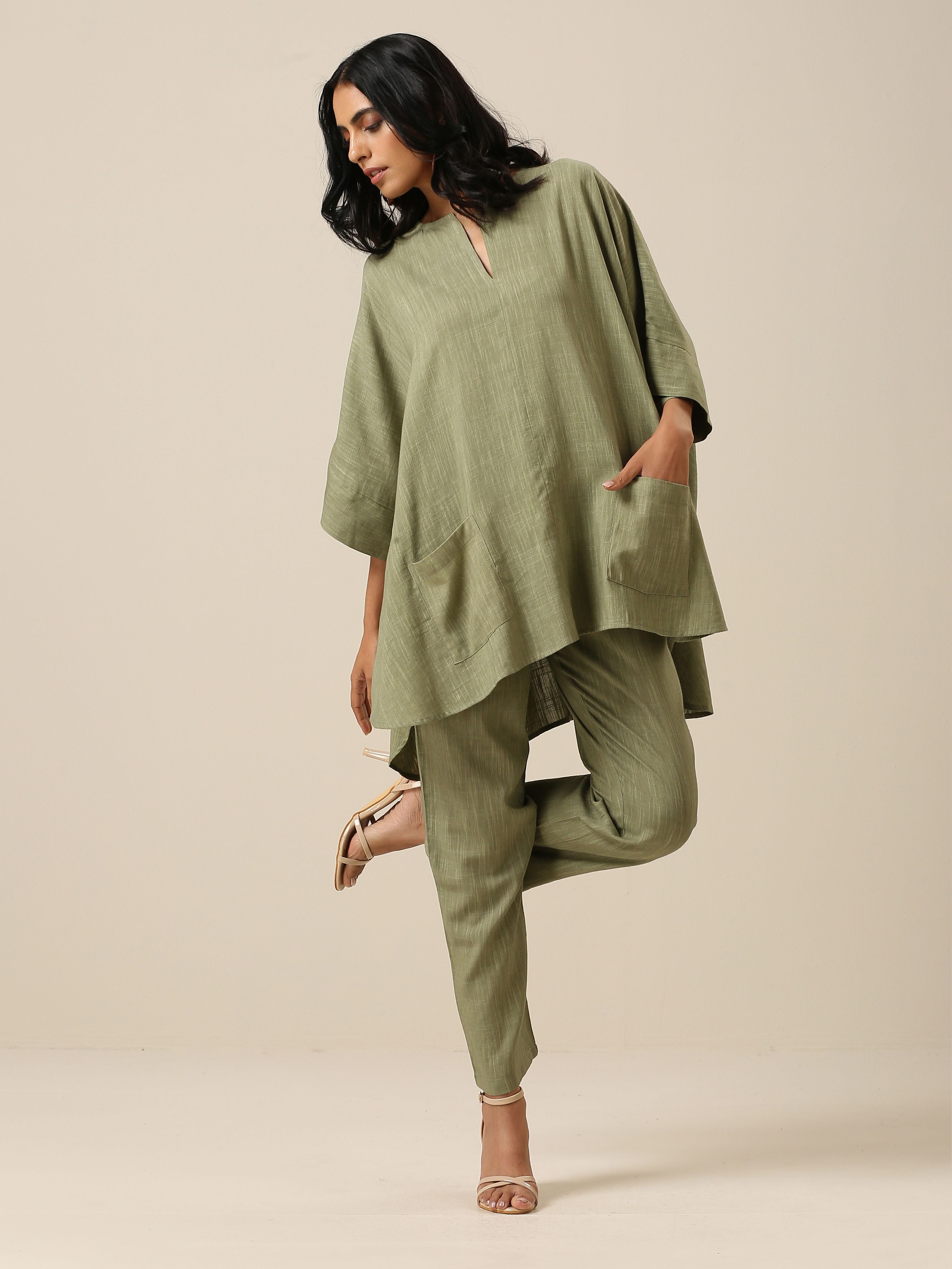 trueBrowns Sage Slub Texture Boxy Fit High Low Co-Ord Set - Distacart