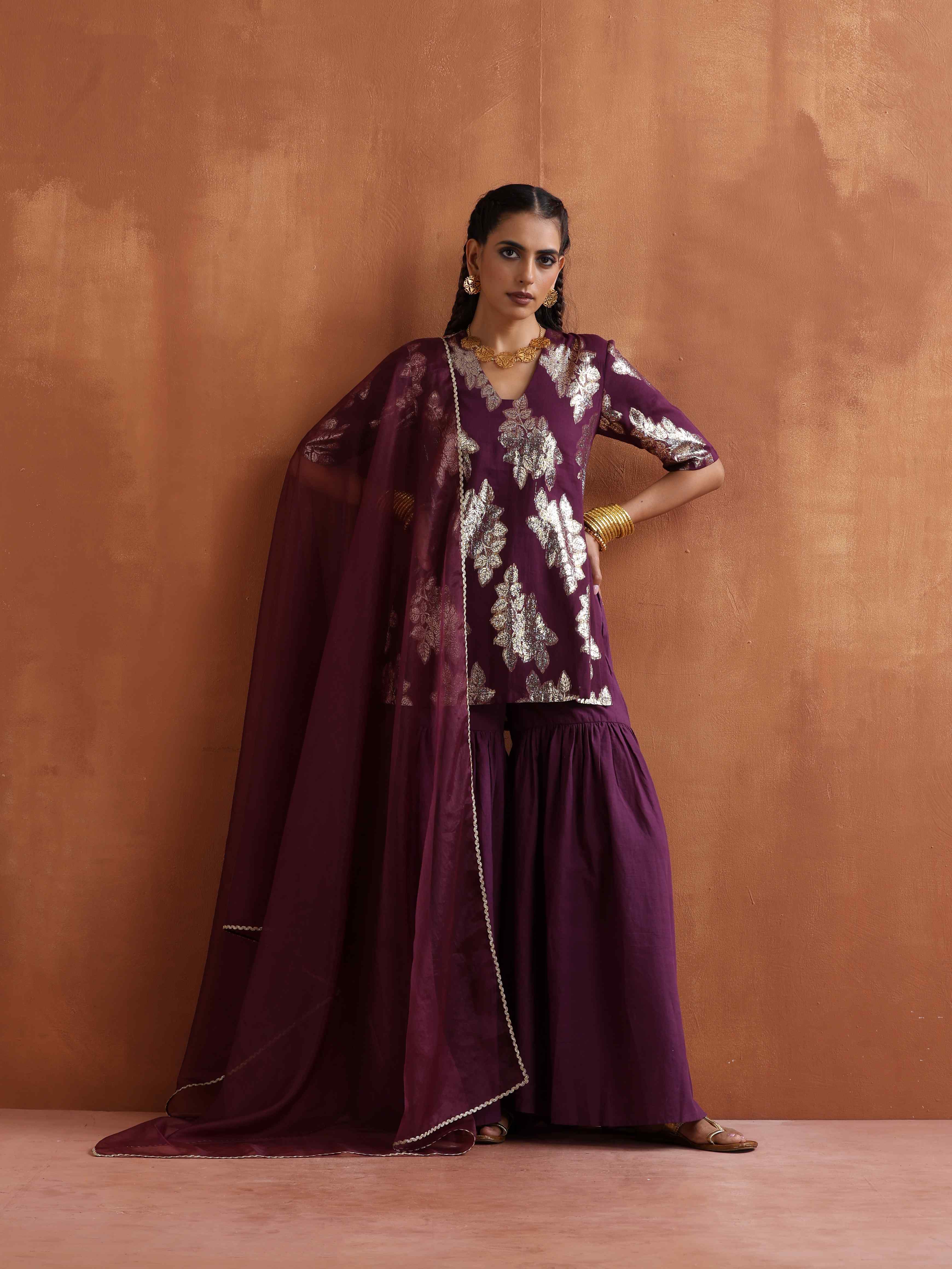 trueBrowns Purple Metallic Sharara Dupatta Set