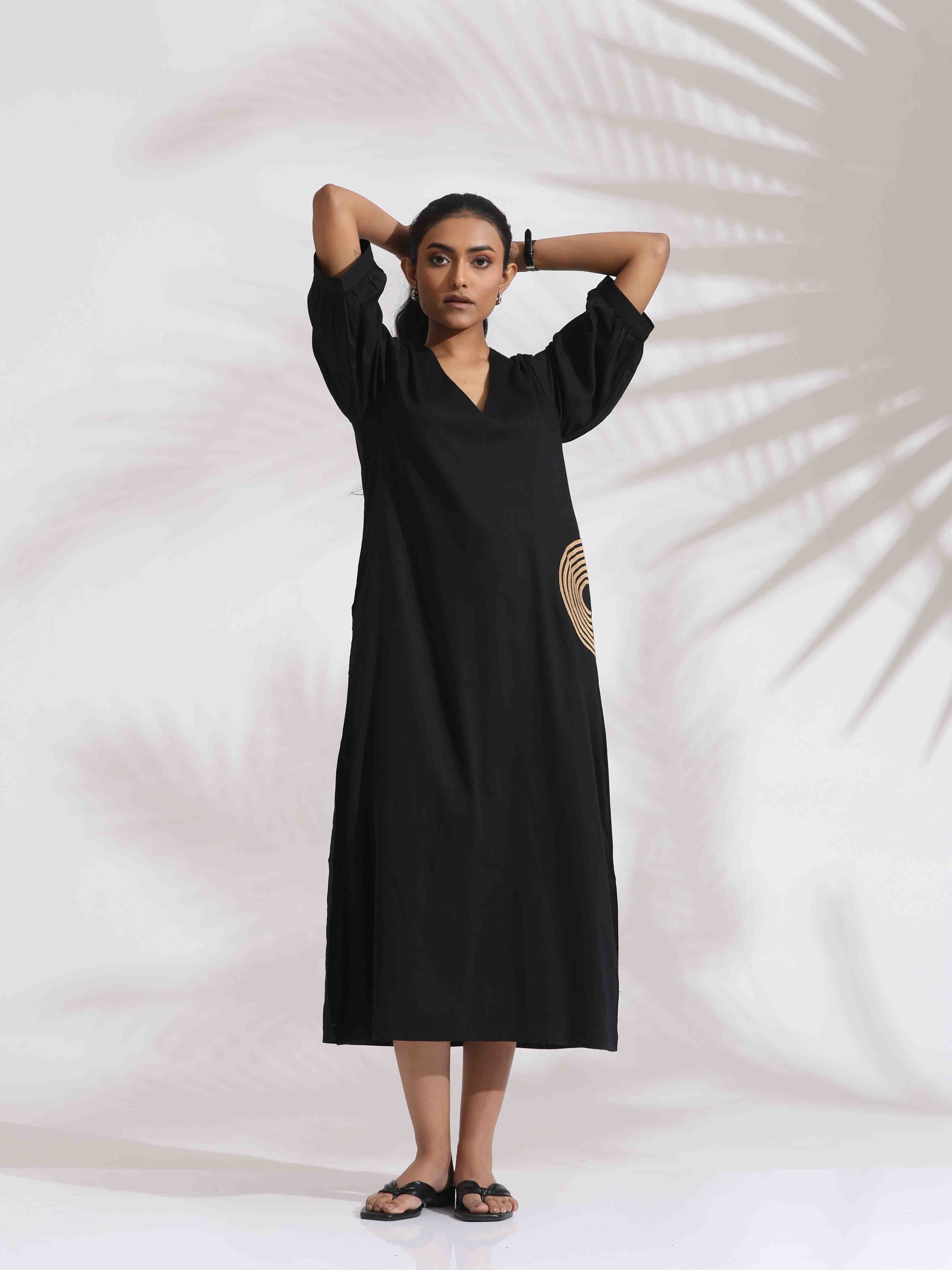 trueBrowns Black Cotton Embroidered Dress - Distacart
