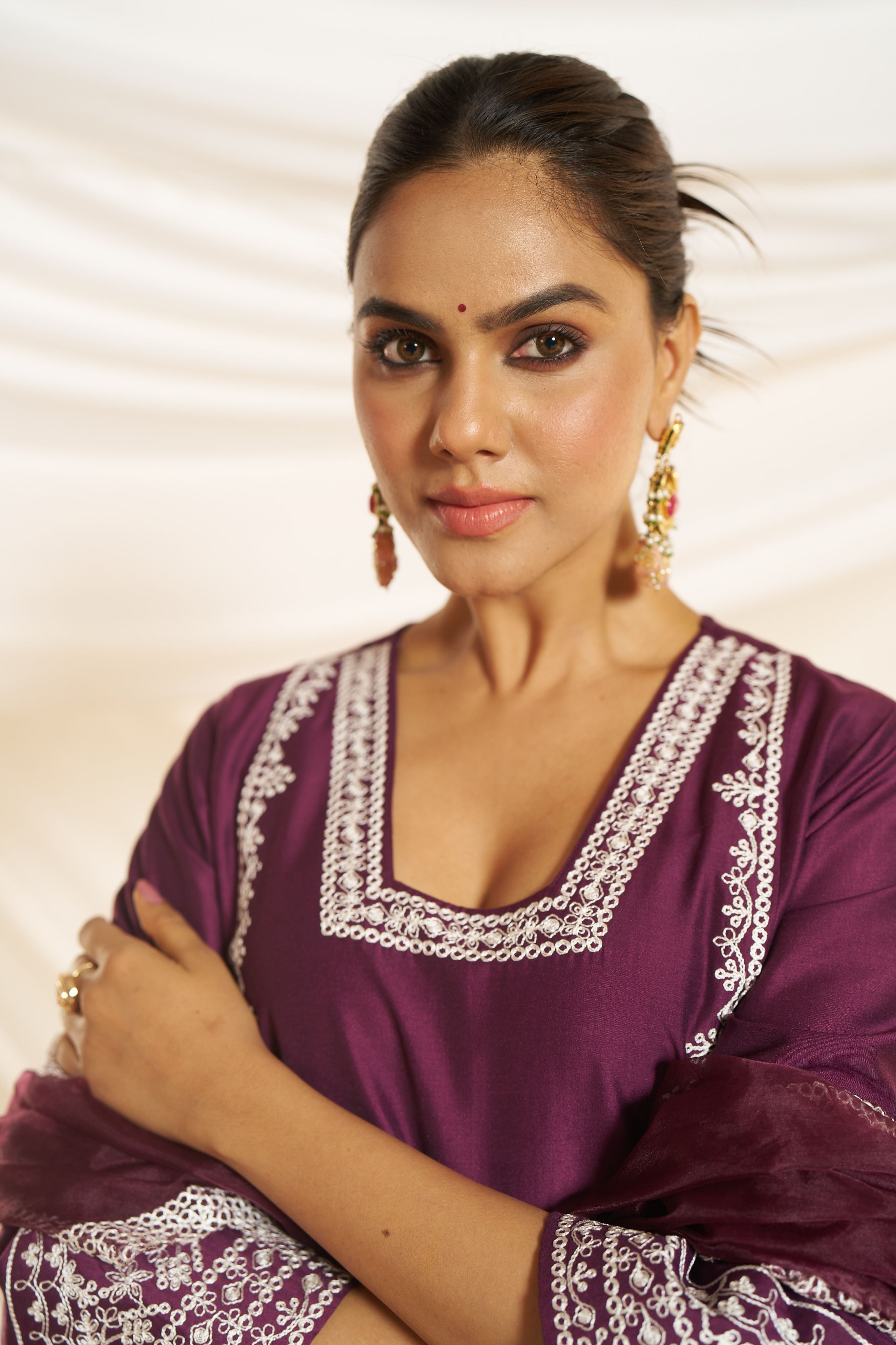 BulBul Women Wine Embroidered Premium Silk Straight Suit With Dupatta