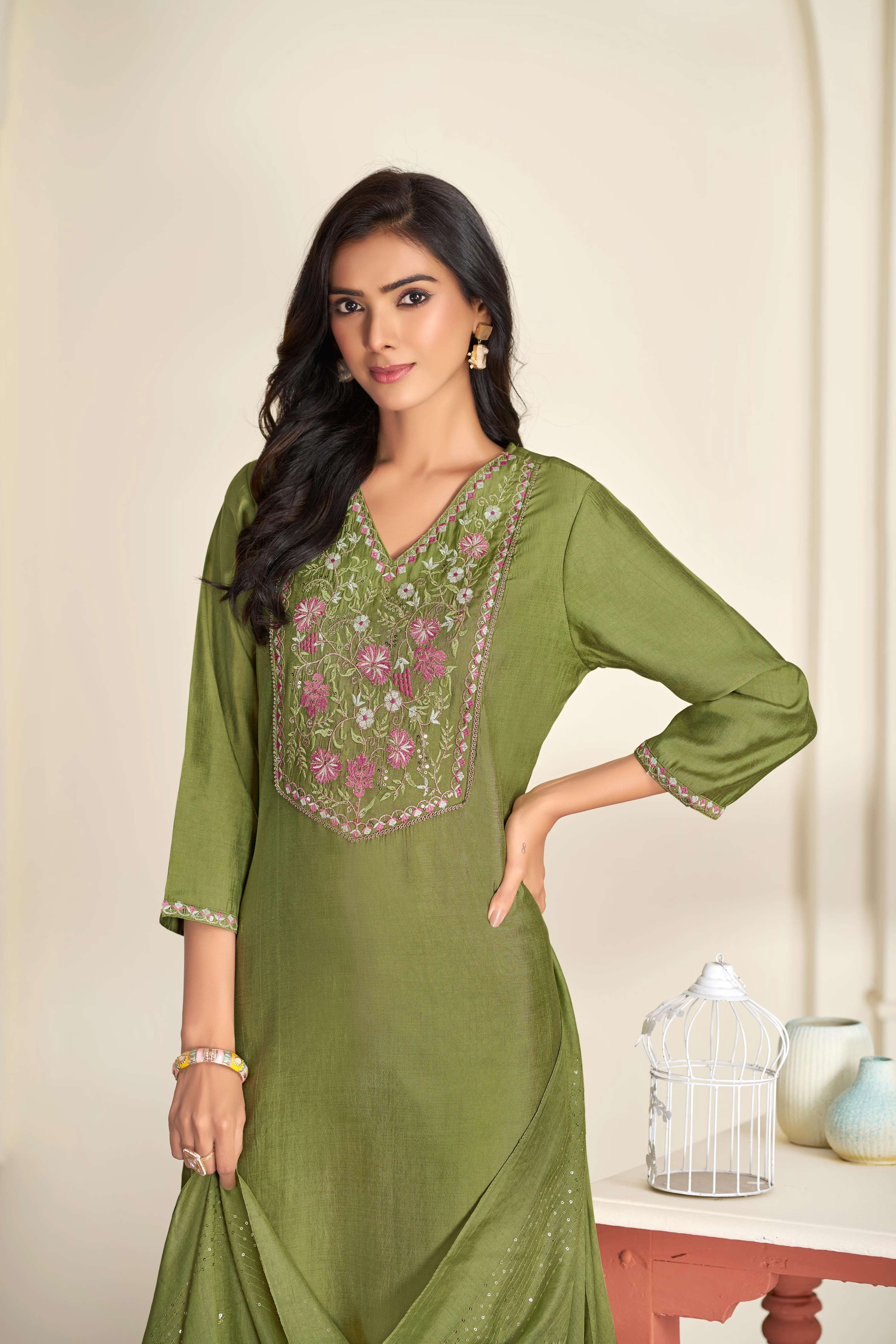 BulBul Preksha Green & Pink Embroidered Roman Silk Salwar Suit