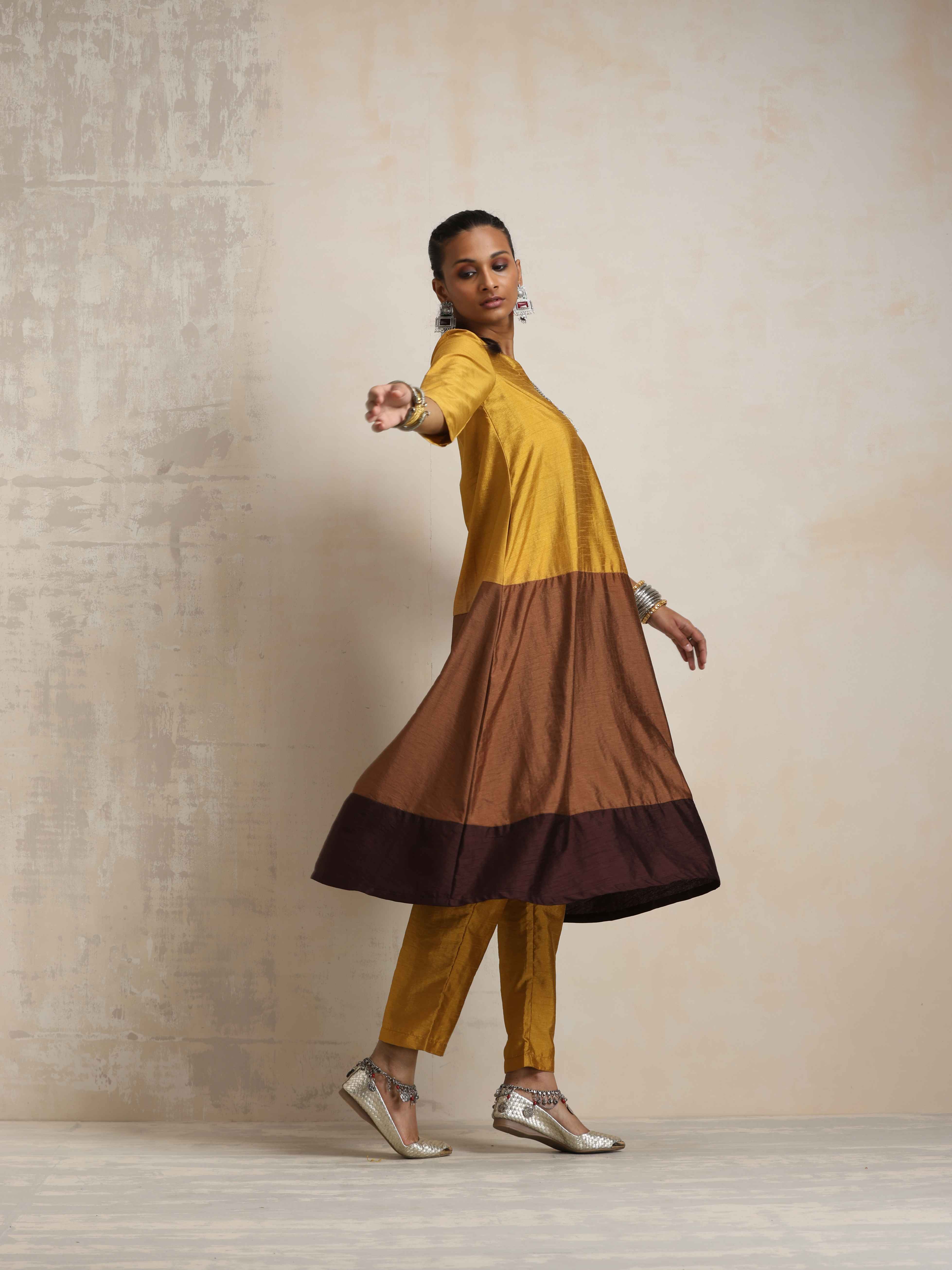 trueBrowns Gold Brown Silk A-line Kurta Set - Distacart