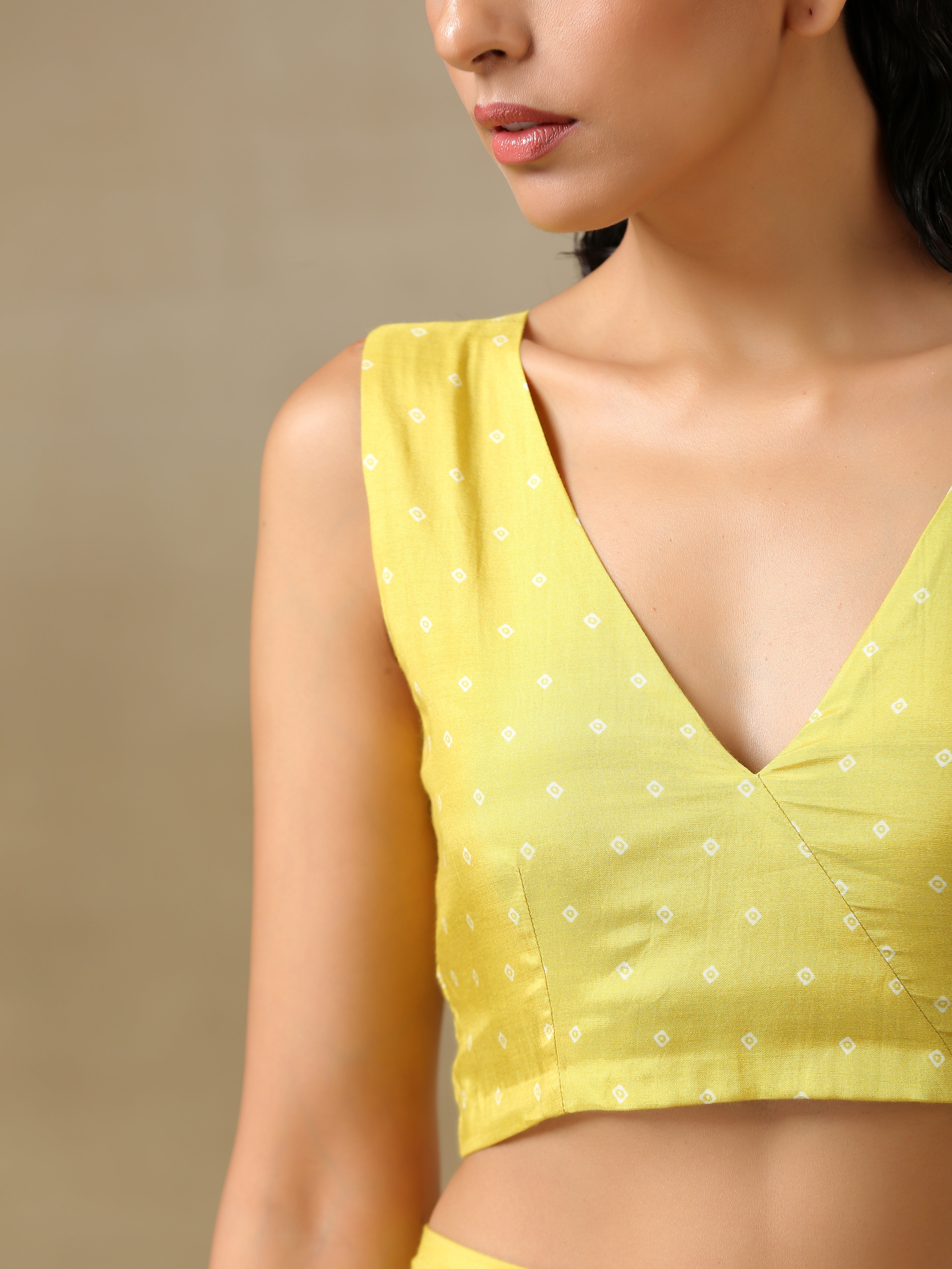 trueBrowns Lime Green Bandhani Printed Silk Sleeveless Blouse - Distacart