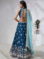 Thumbnail for House of Panchhi Teal Pure Georgette Sequins And Thread Embroidery Lehenga Choli & Dupatta - Distacart
